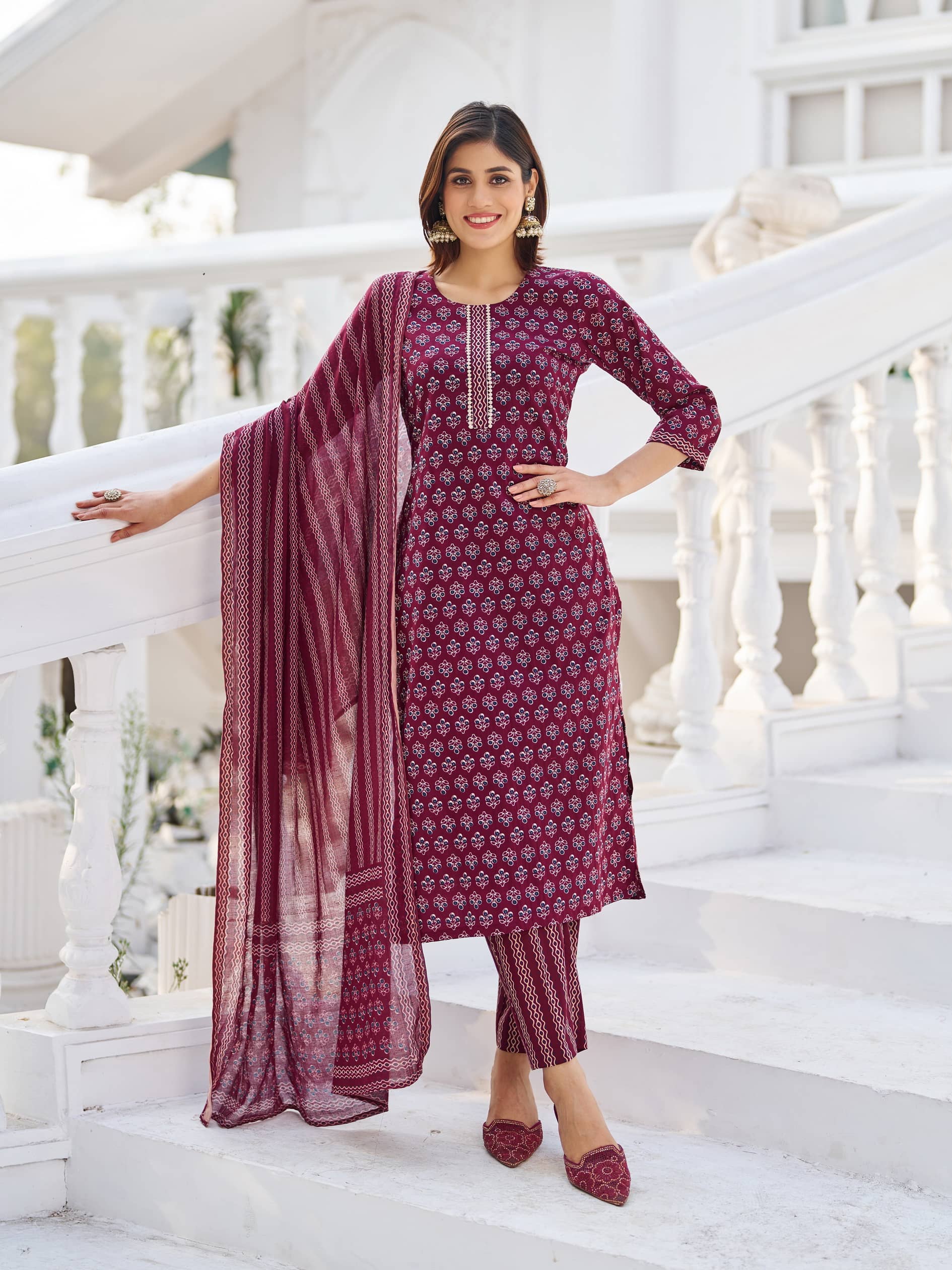 VIBE VISION Cotton Self Design Kurti With Pants Women's Stitched Salwar Suit - Violet ( Pack of 1 )