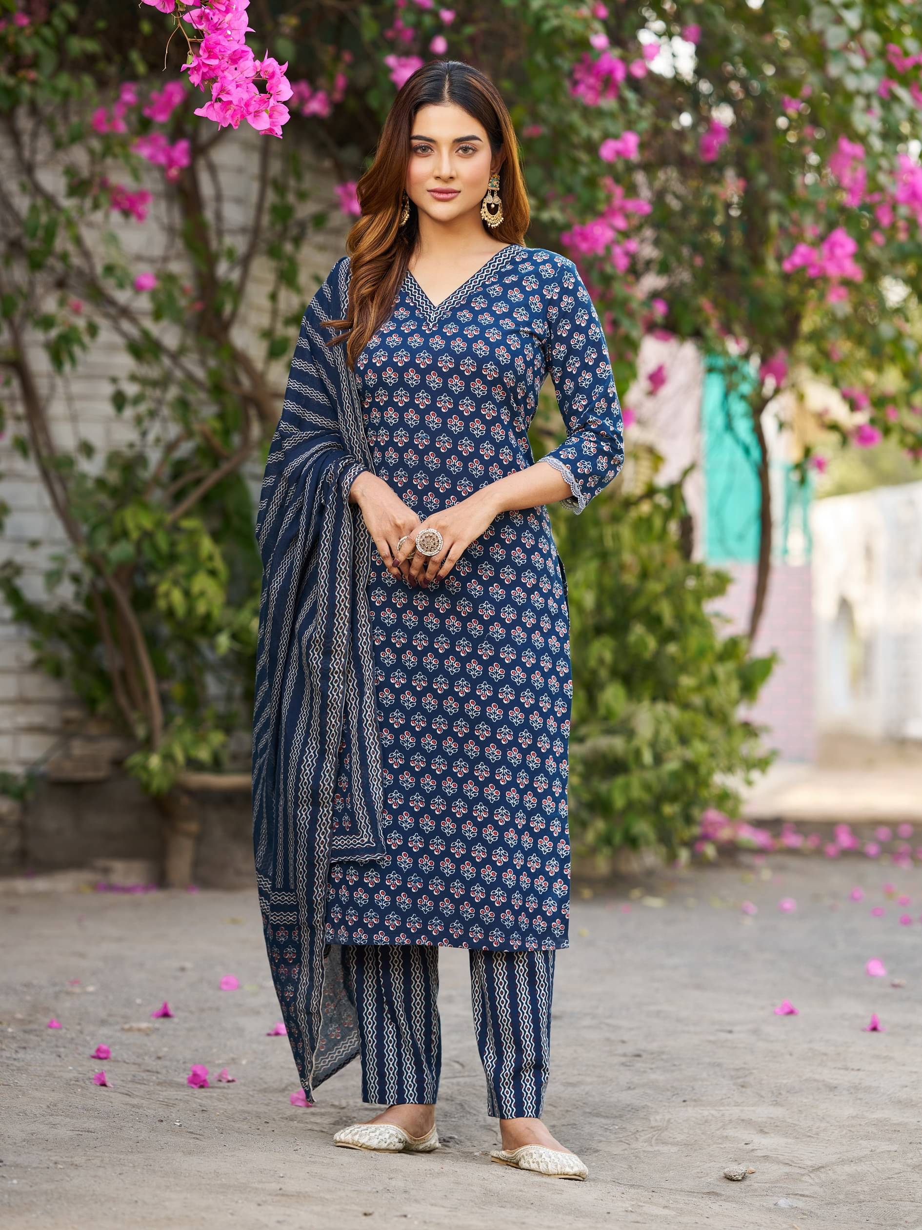 VIBE VISION Cotton Self Design Kurti With Pants Women's Stitched Salwar Suit - Navy Blue ( Pack of 1 )     			VIBE VISION Cotton Self Design Kurti With Pants Women's Stitched Salwar Suit - Navy Blue ( Pack of 1 )