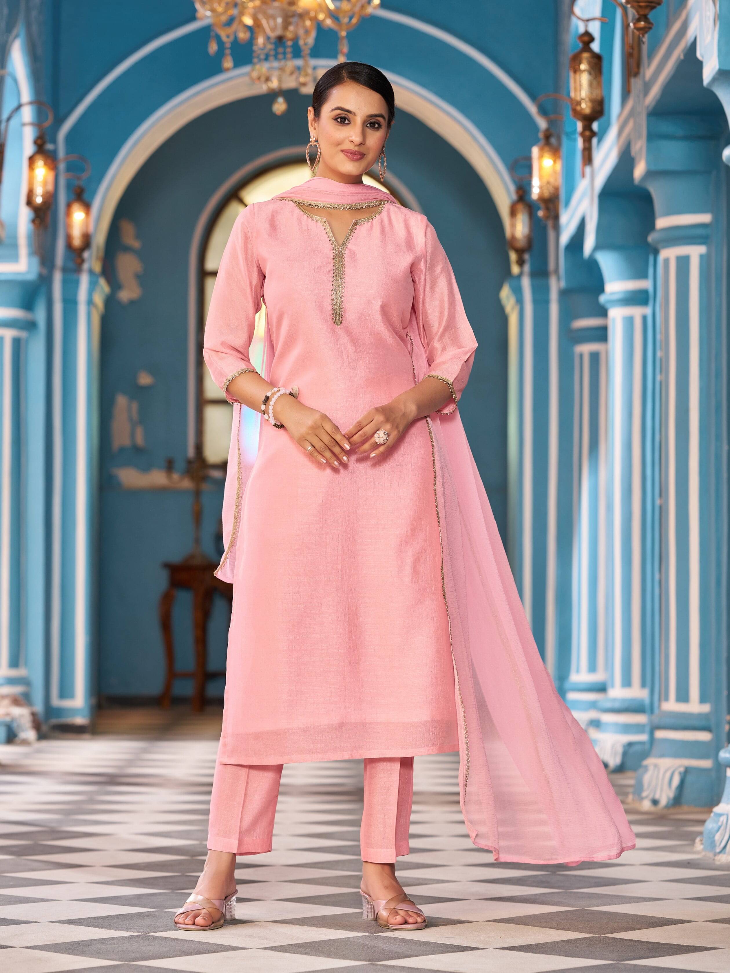 VIBE VISION Georgette Self Design Kurti With Pants Women's Stitched Salwar Suit - Pink ( Pack of 1 )     			VIBE VISION Georgette Self Design Kurti With Pants Women's Stitched Salwar Suit - Pink ( Pack of 1 )