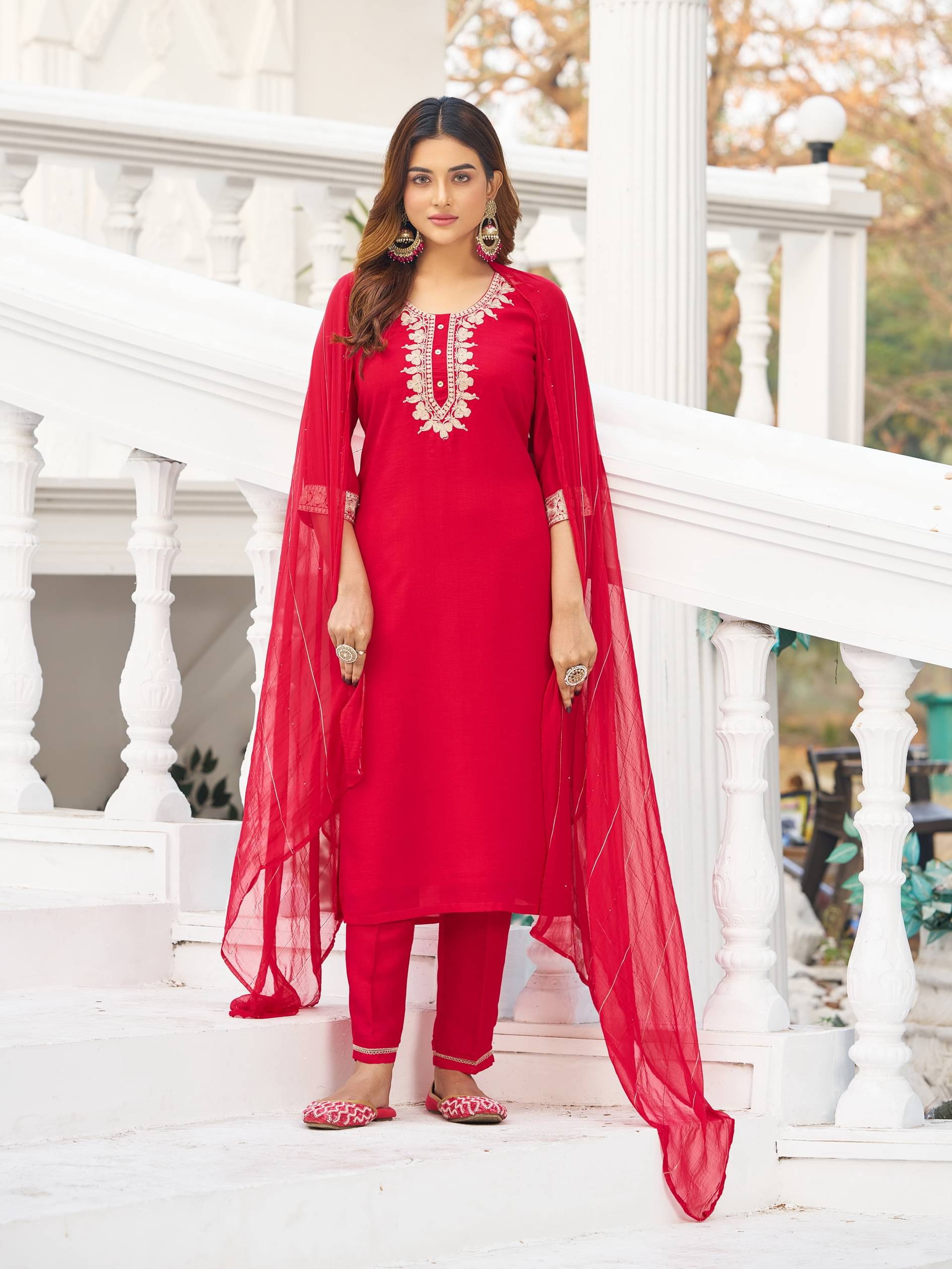     			VIBE VISION Georgette Self Design Kurti With Pants Women's Stitched Salwar Suit - Red ( Pack of 1 )