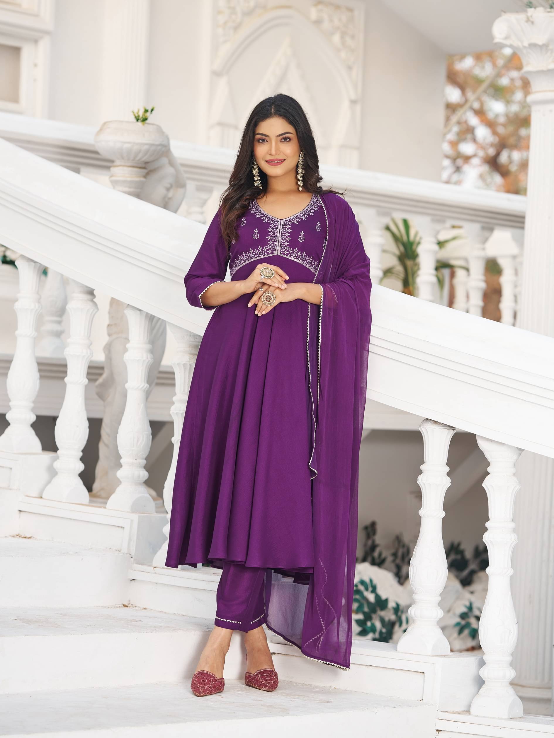     			VIBE VISION Georgette Self Design Kurti With Pants Women's Stitched Salwar Suit - Purple ( Pack of 1 )
