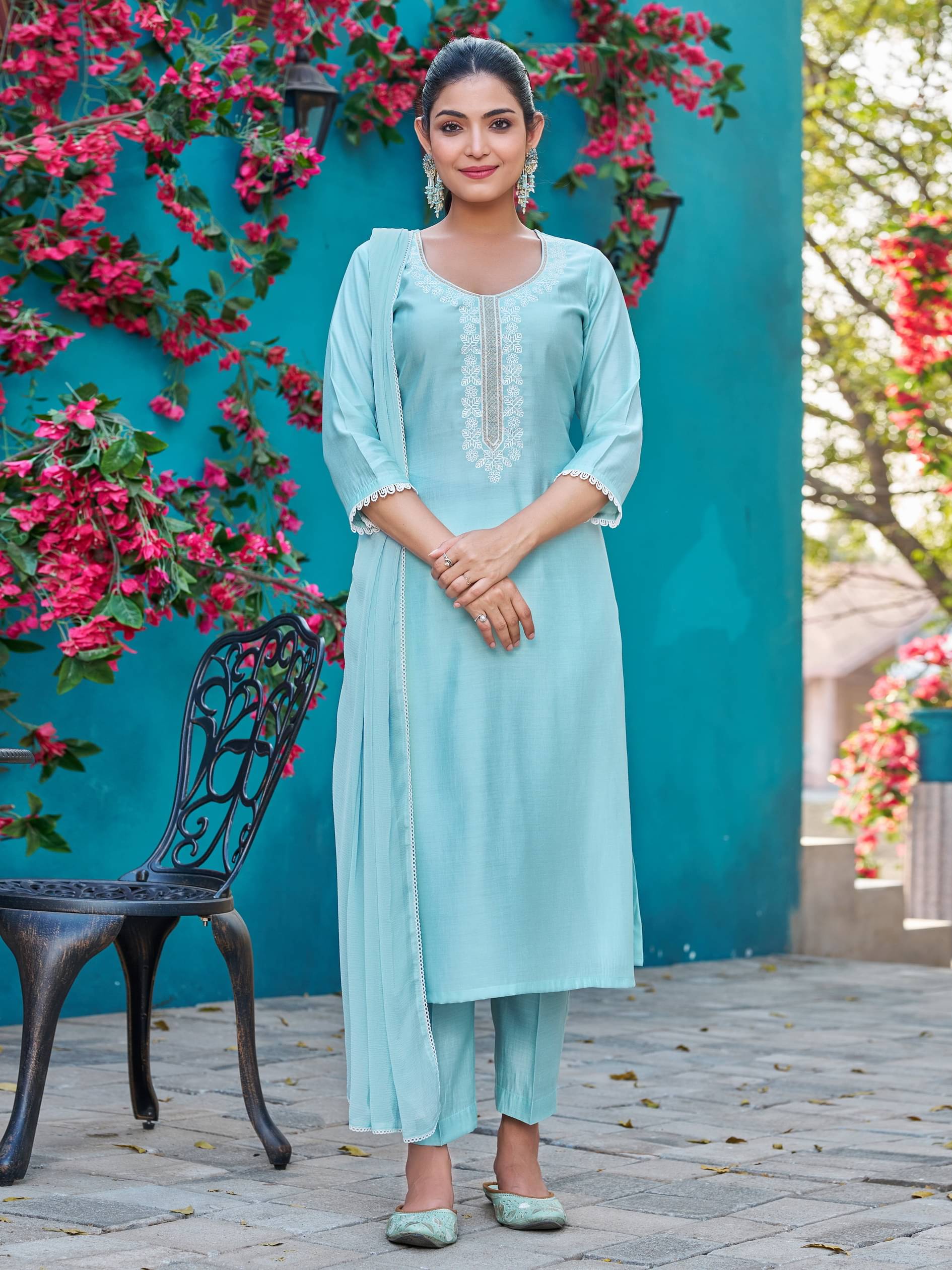     			VIBE VISION Silk Self Design Kurti With Pants Women's Stitched Salwar Suit - Blue ( Pack of 1 )
