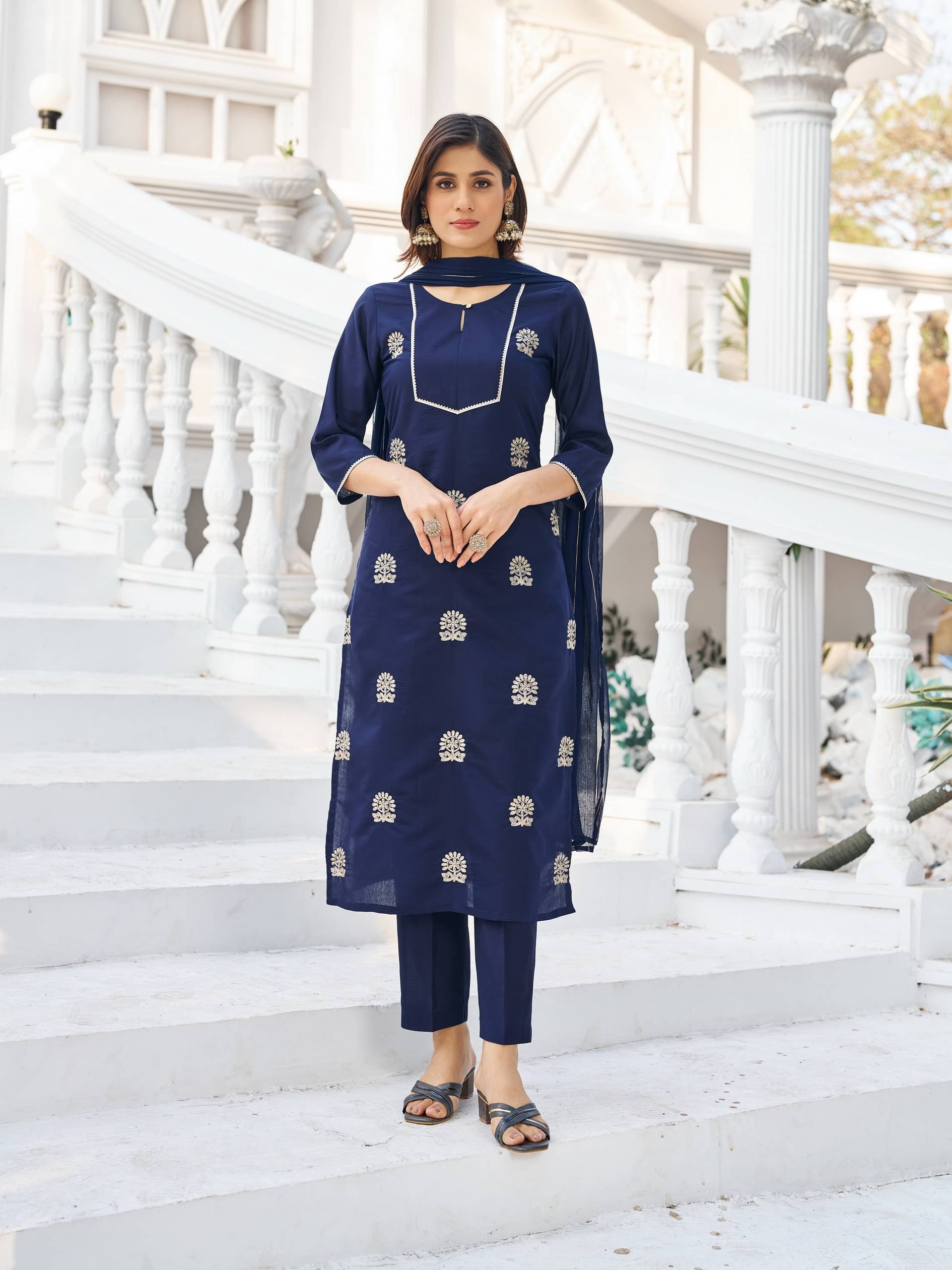     			VIBE VISION Silk Self Design Kurti With Pants Women's Stitched Salwar Suit - Navy Blue ( Pack of 1 )