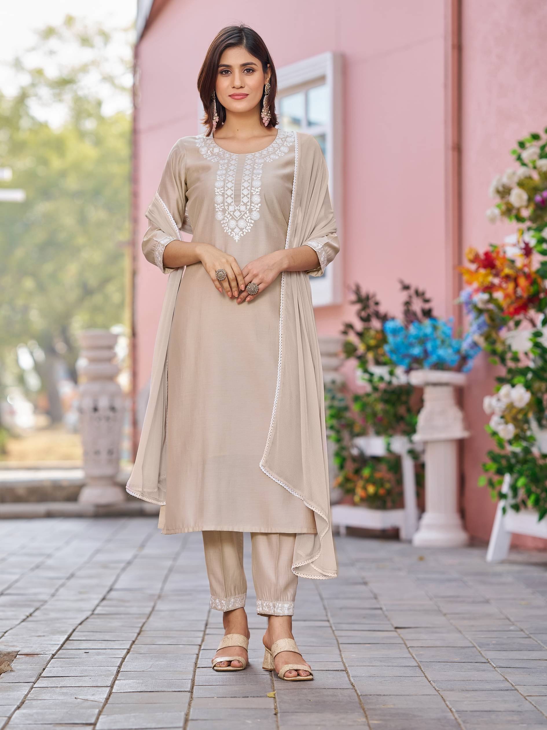 VIBE VISION Silk Self Design Kurti With Pants Women's Stitched Salwar Suit - Beige ( Pack of 1 ) VIBE VISION Silk Self Design Kurti With Pants Women's Stitched Salwar Suit - Beige ( Pack of 1 )