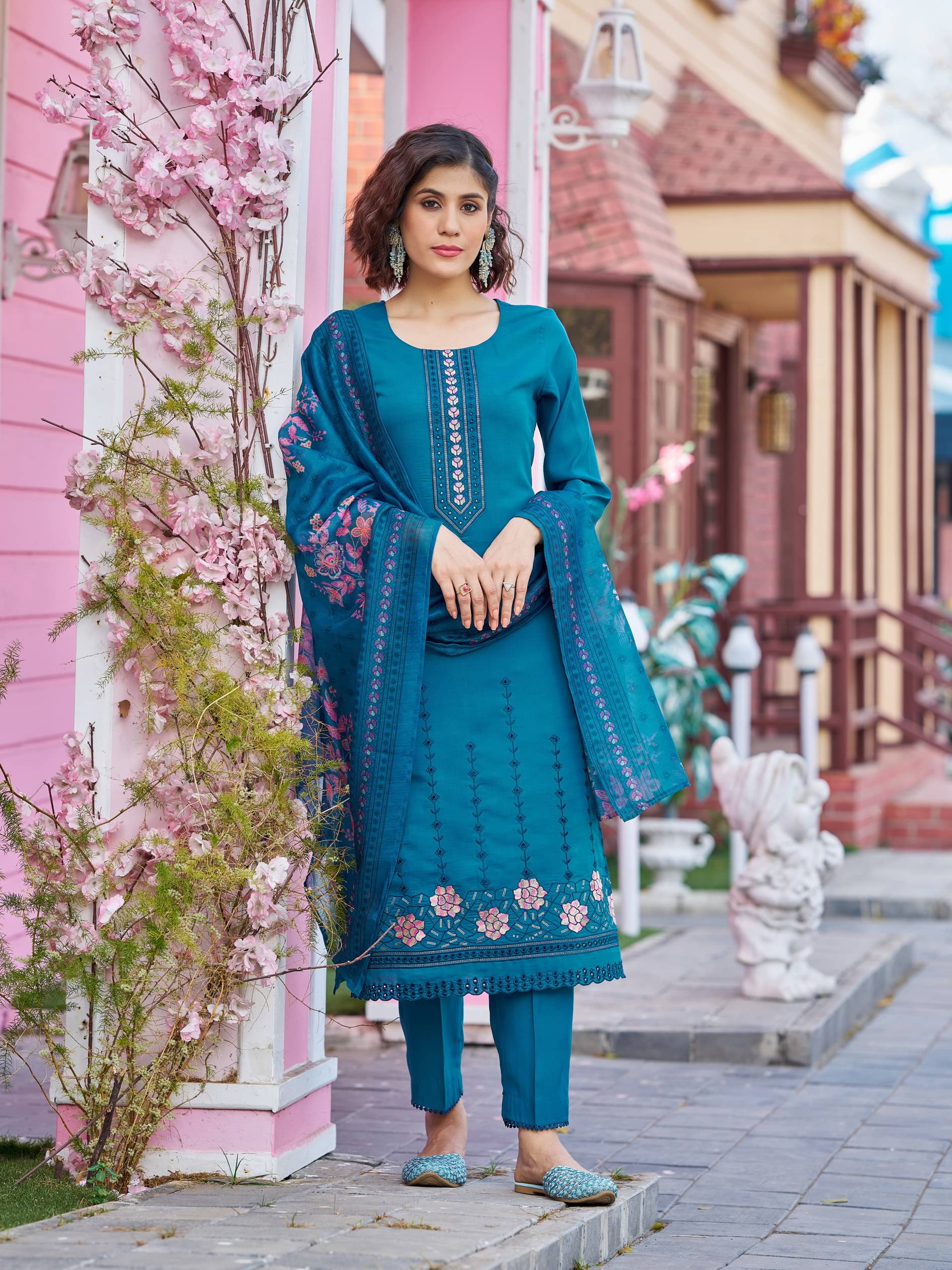     			VIBE VISION Silk Self Design Kurti With Pants Women's Stitched Salwar Suit - Blue ( Pack of 1 )