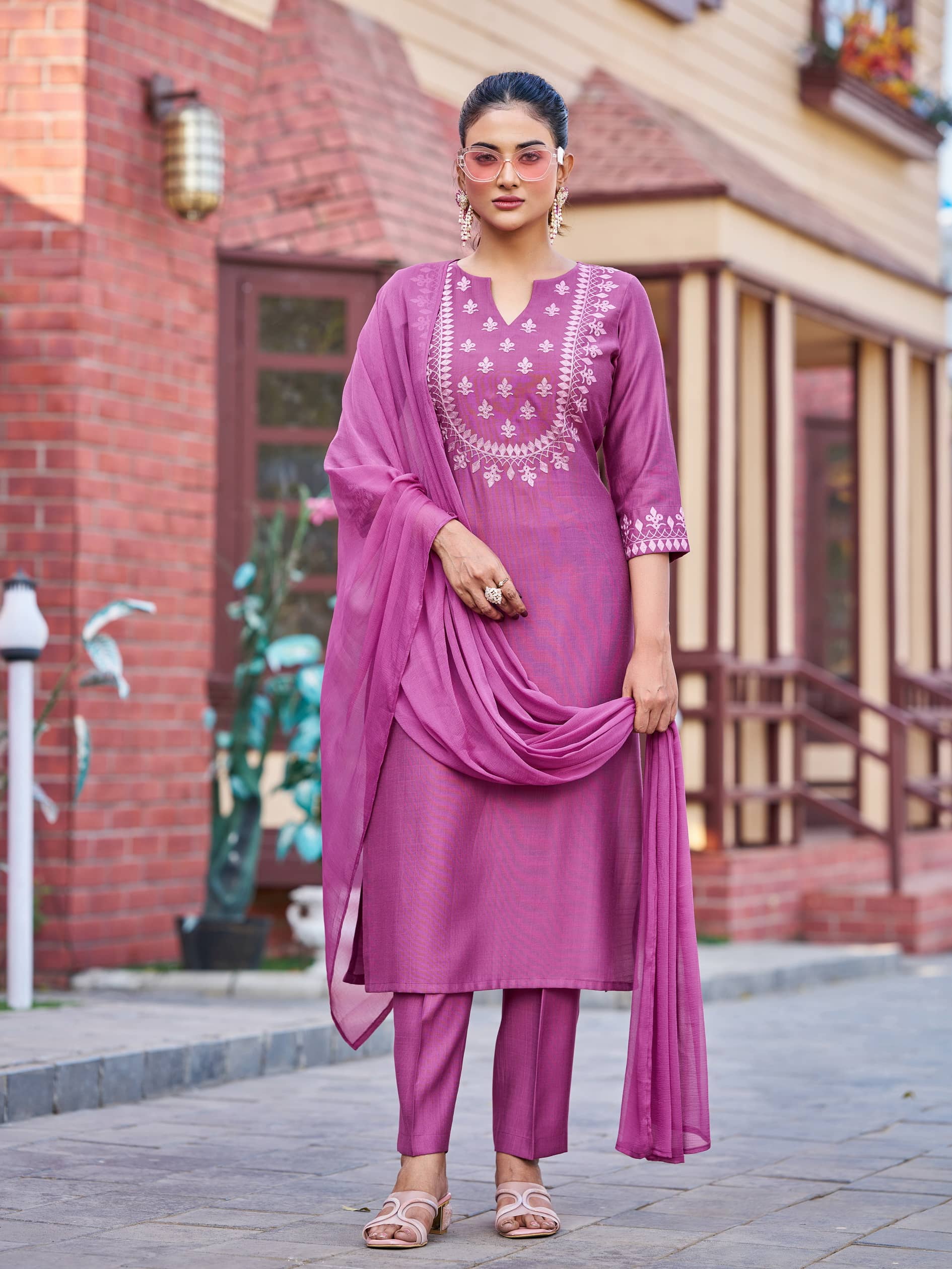 VIBE VISION Silk Self Design Kurti With Pants Women's Stitched Salwar Suit - Mauve ( Pack of 1 )