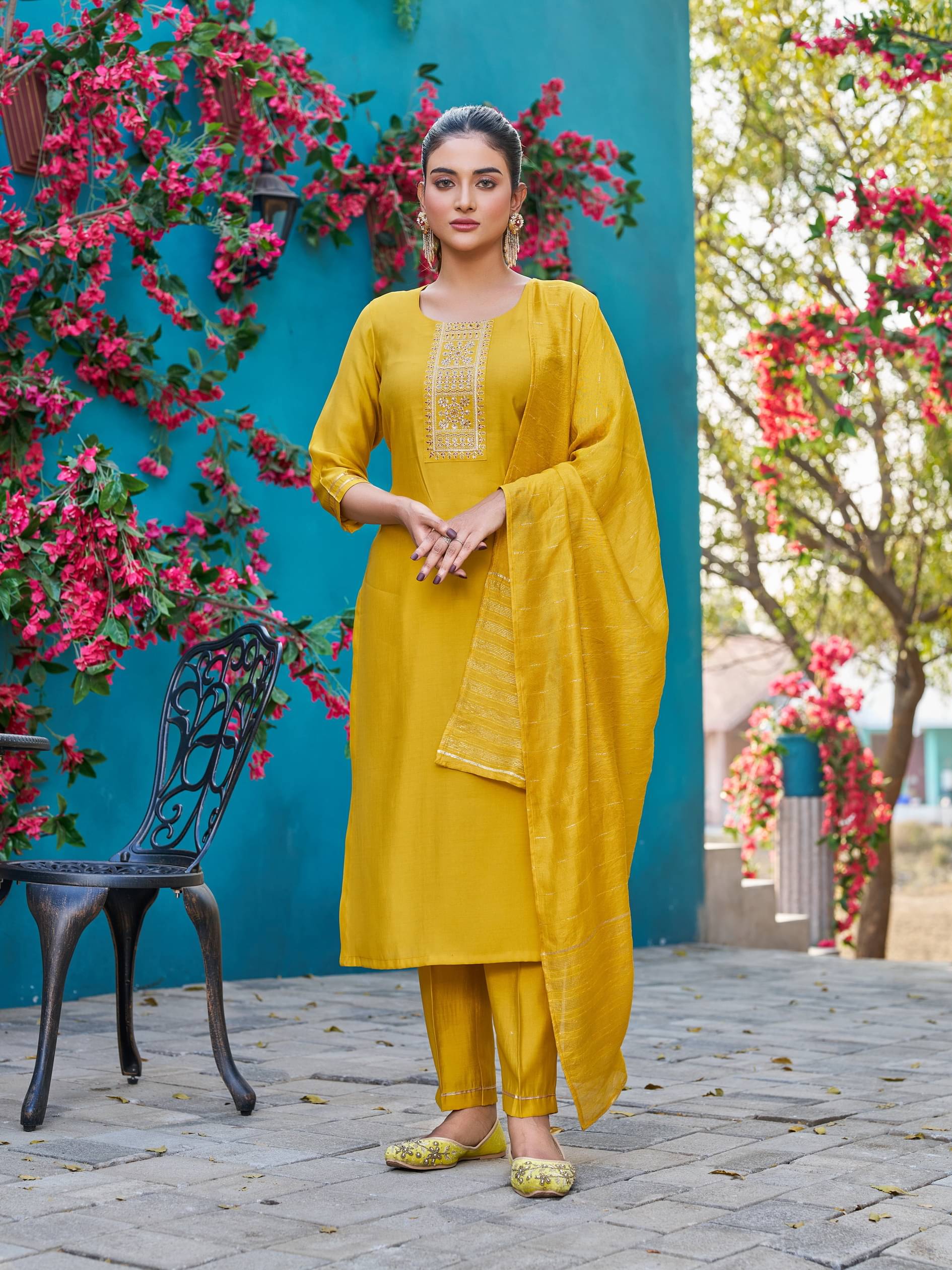 VIBE VISION Silk Self Design Kurti With Pants Women's Stitched Salwar Suit - Mustard ( Pack of 1 ) VIBE VISION Silk Self Design Kurti With Pants Women's Stitched Salwar Suit - Mustard ( Pack of 1 )
