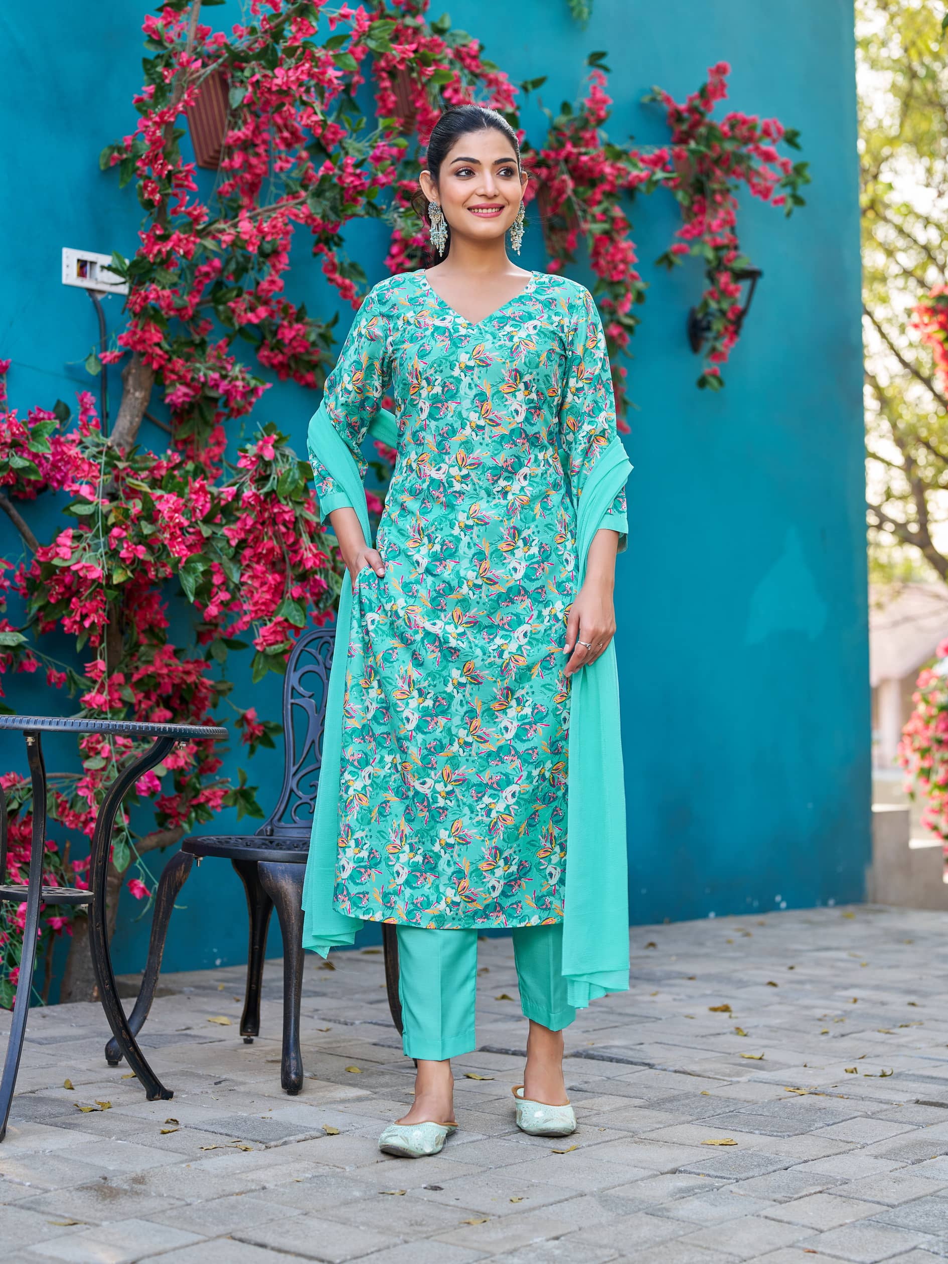 VIBE VISION Viscose Self Design Kurti With Pants Women's Stitched Salwar Suit - Teal ( Pack of 1 )