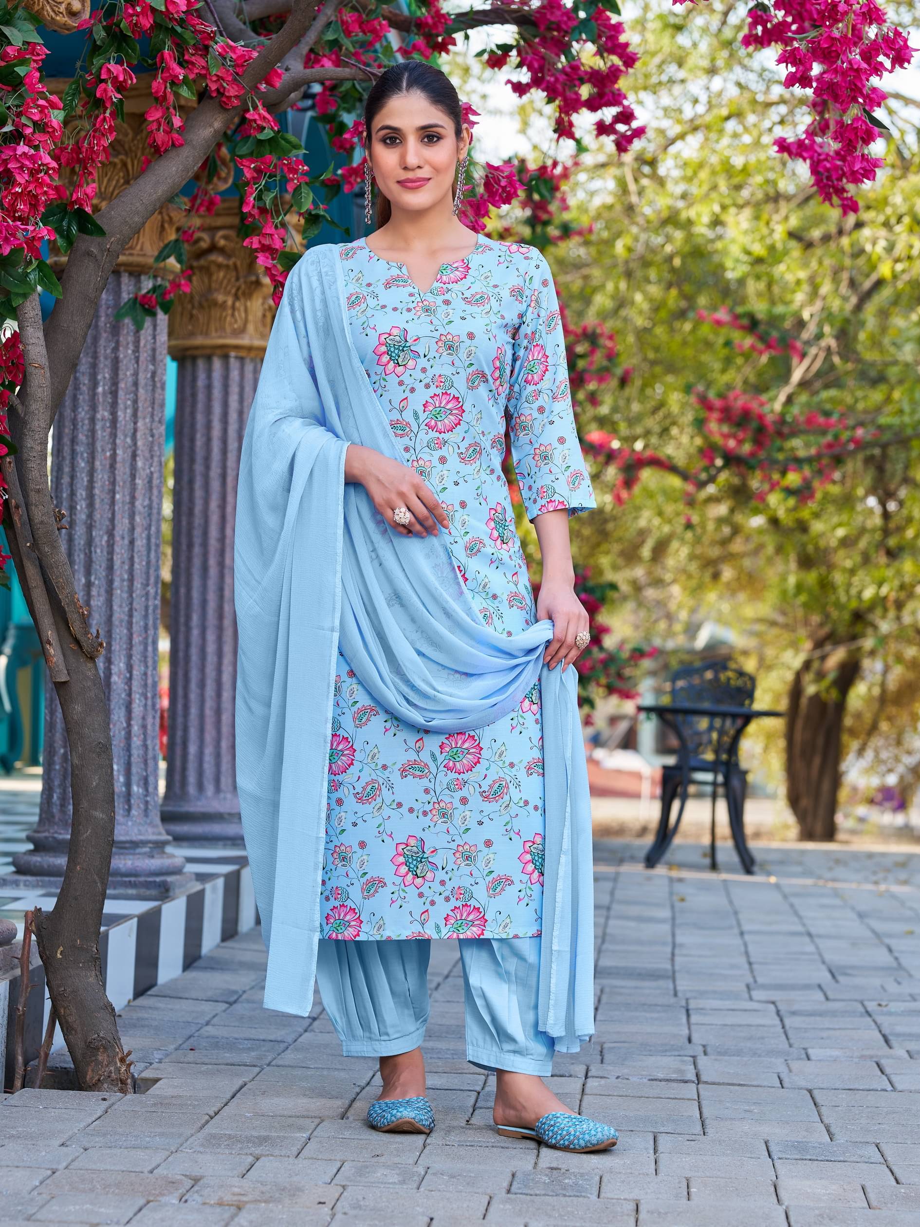     			VIBE VISION Viscose Self Design Kurti With Pants Women's Stitched Salwar Suit - Blue ( Pack of 1 )