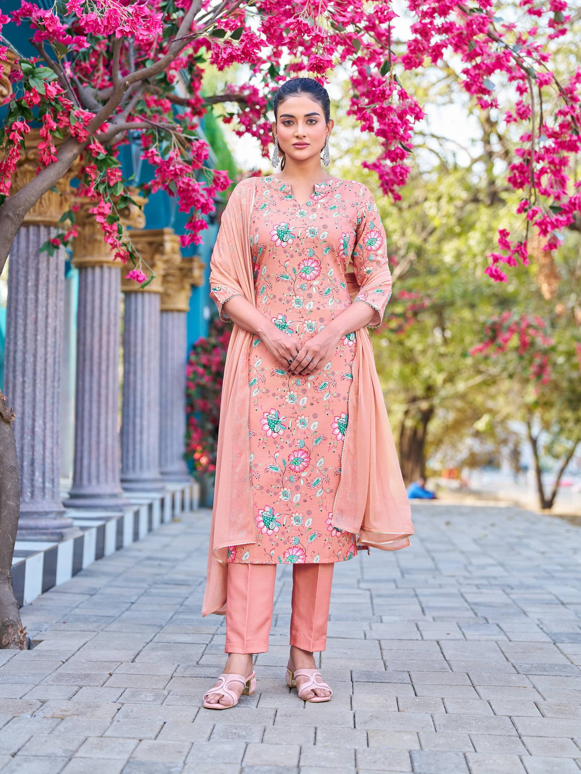     			VIBE VISION Viscose Self Design Kurti With Pants Women's Stitched Salwar Suit - Peach ( Pack of 1 )