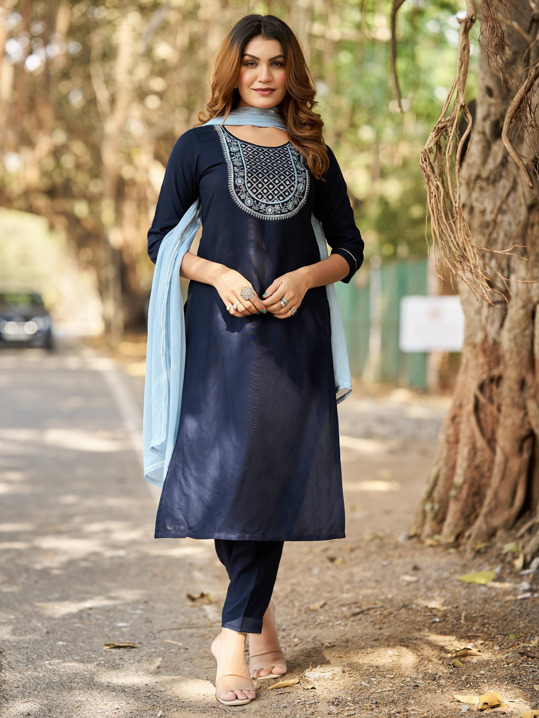     			VIBE VISION Viscose Self Design Kurti With Pants Women's Stitched Salwar Suit - Navy Blue ( Pack of 1 )