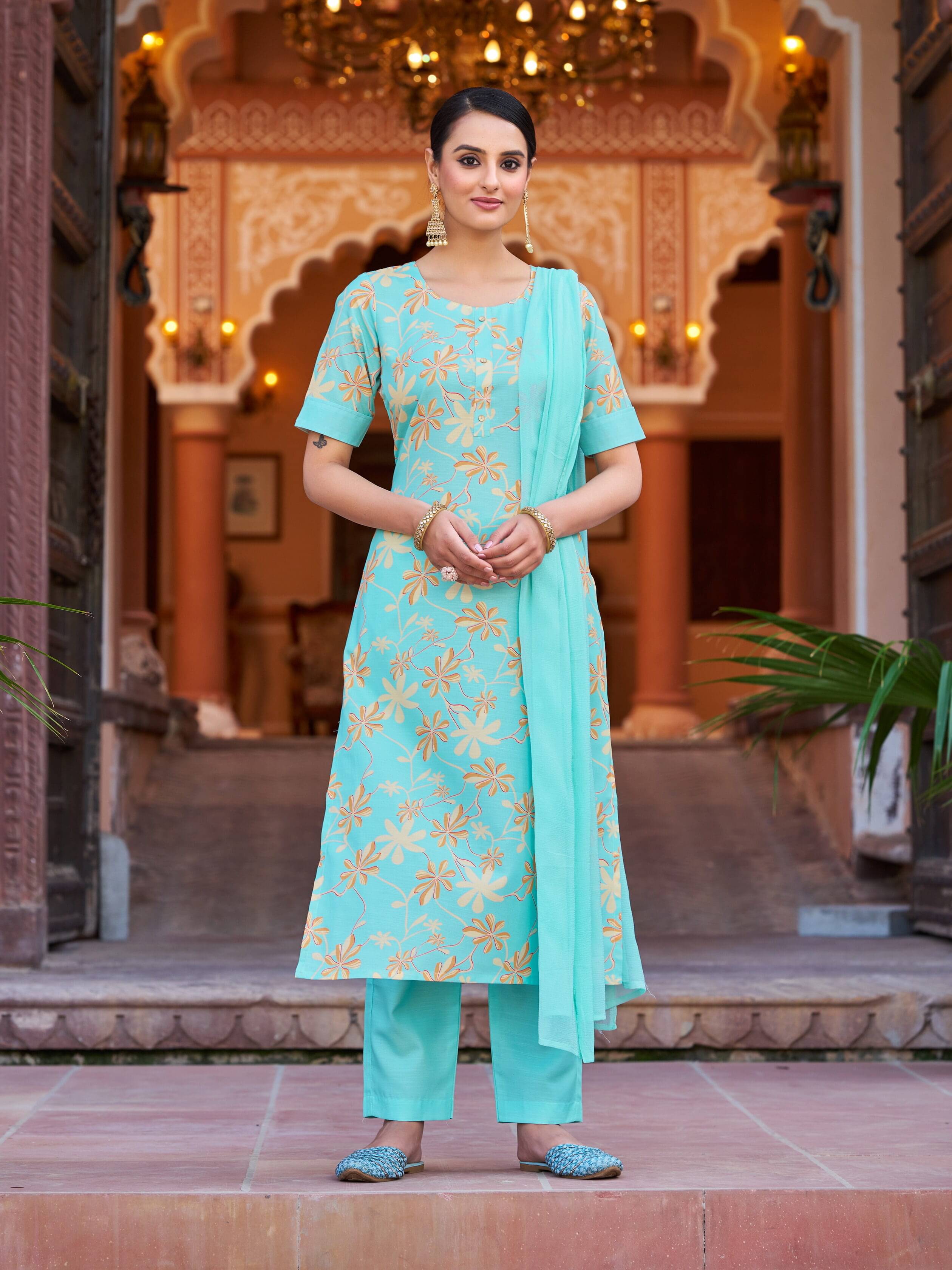     			VIBE VISION Viscose Self Design Kurti With Pants Women's Stitched Salwar Suit - Turquoise ( Pack of 1 )