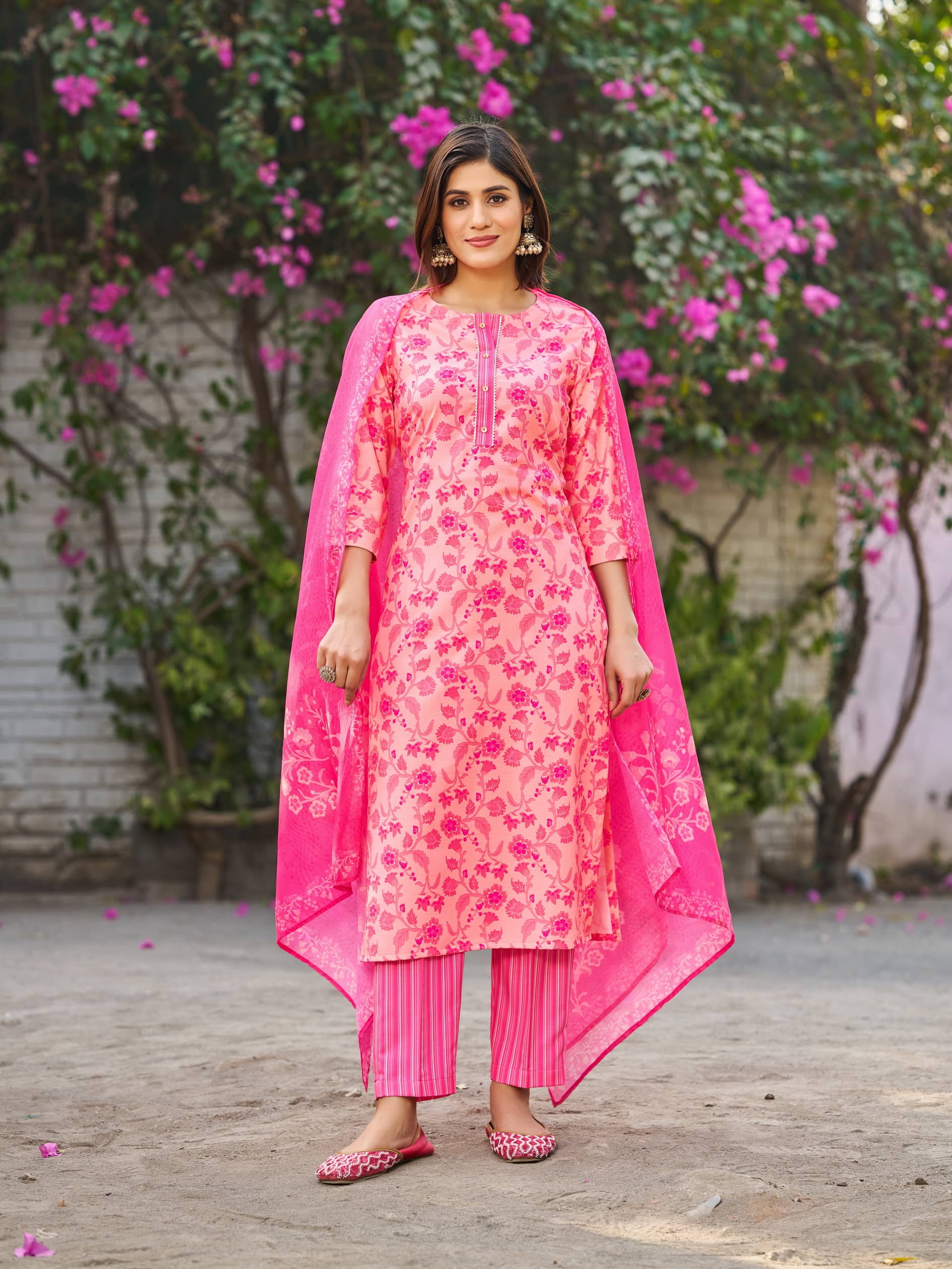 VIBE VISION Viscose Self Design Kurti With Pants Women's Stitched Salwar Suit - Peach ( Pack of 1 )