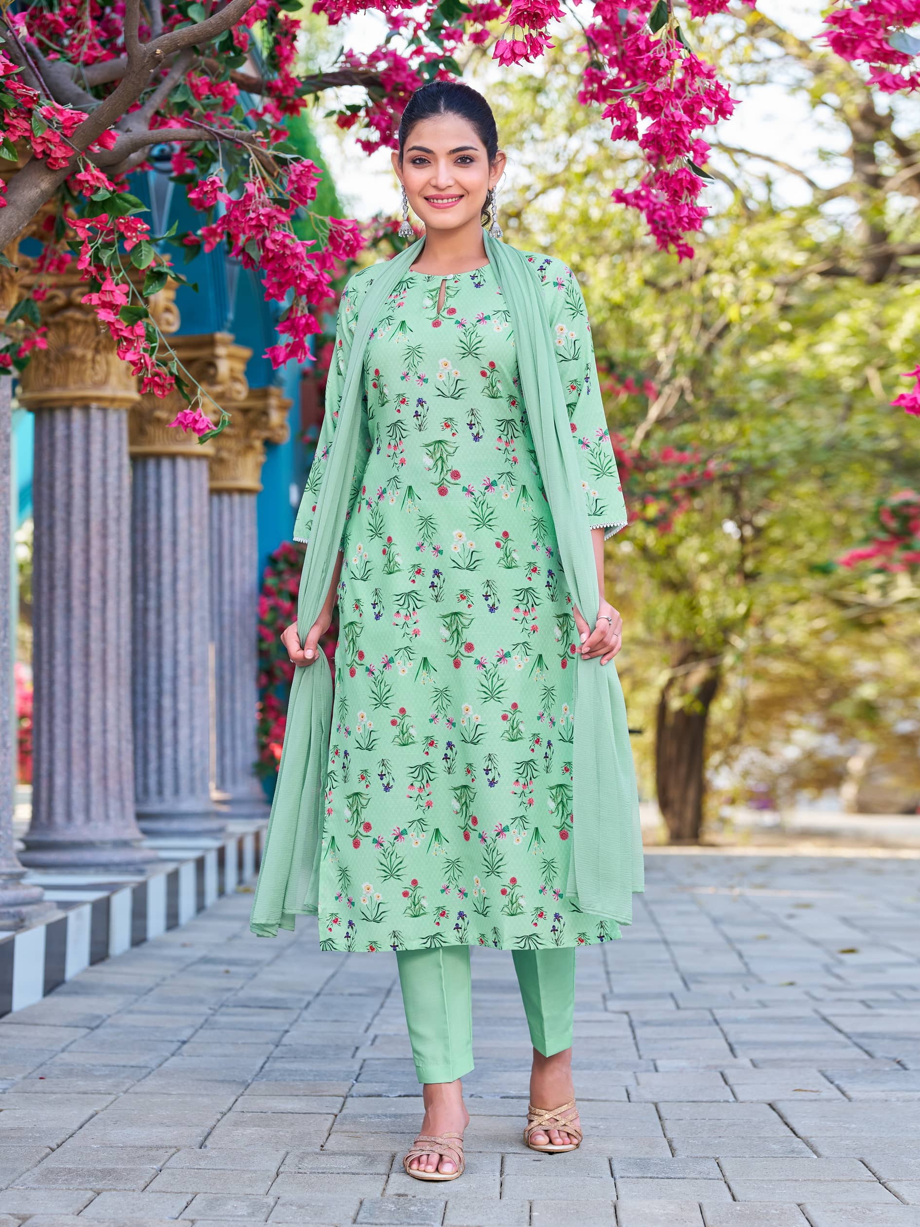 VIBE VISION Viscose Self Design Kurti With Pants Women's Stitched Salwar Suit - Sea Green ( Pack of 1 )