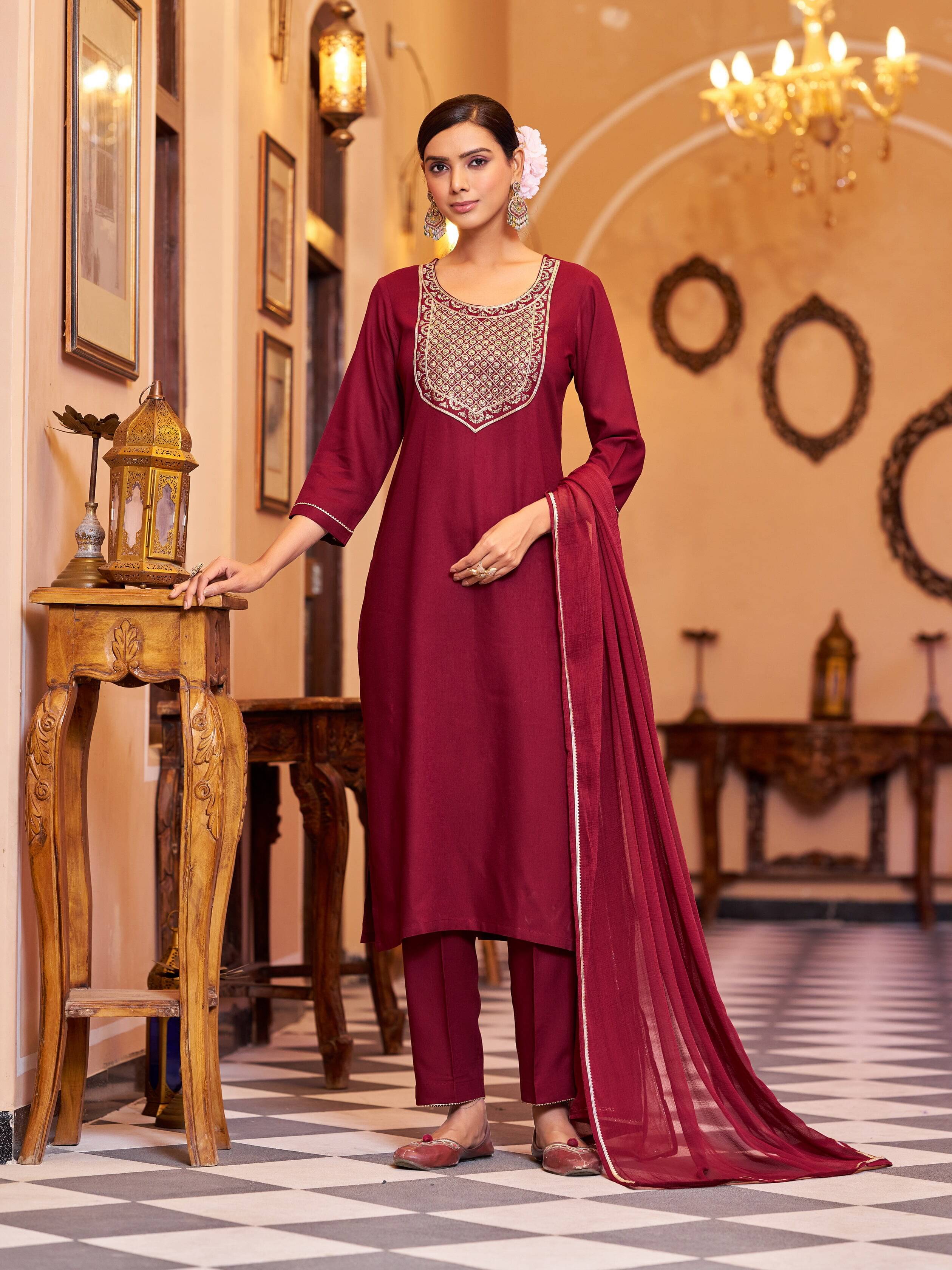     			VIBE VISION Viscose Self Design Kurti With Pants Women's Stitched Salwar Suit - Maroon ( Pack of 1 )