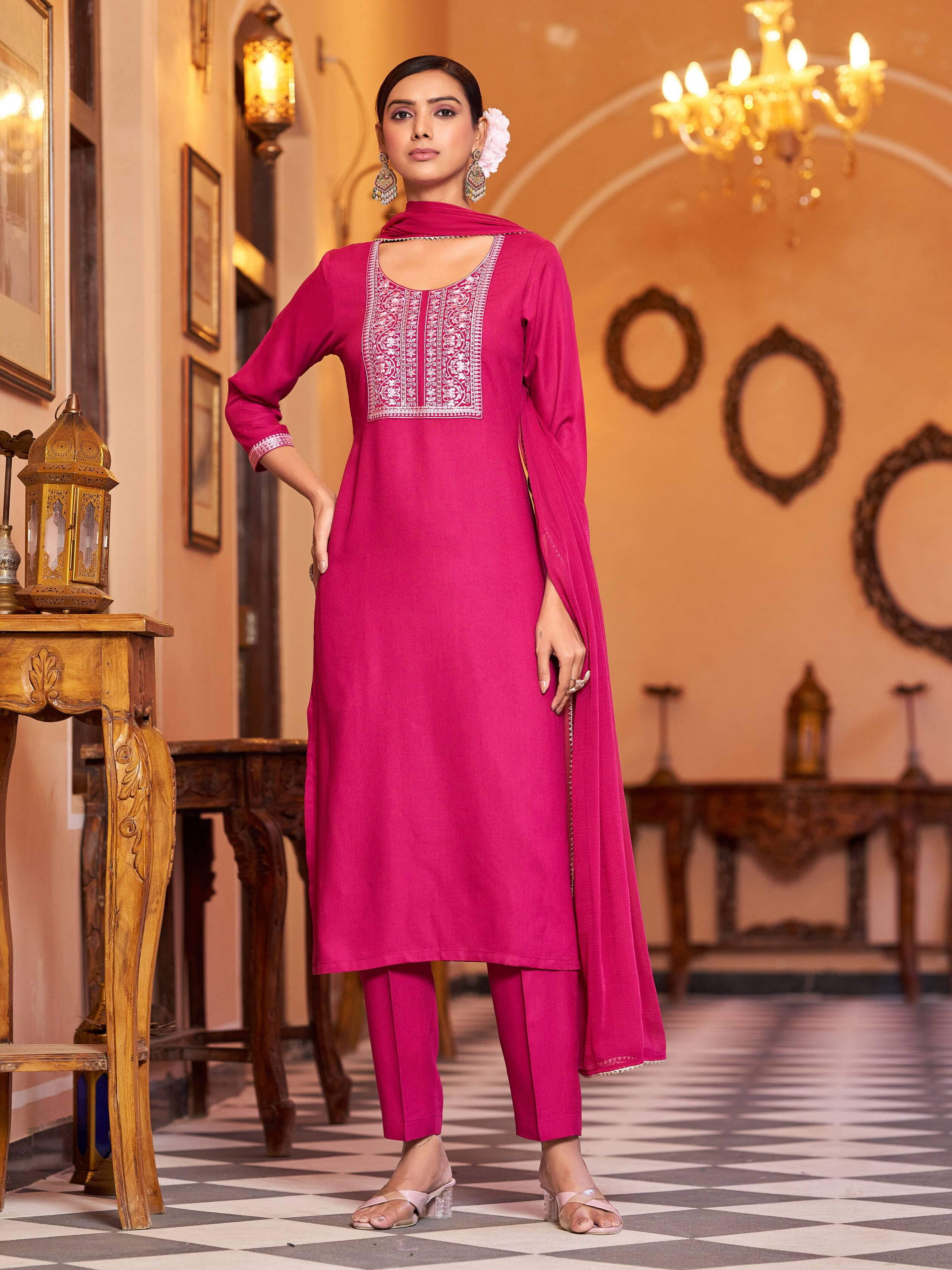     			VIBE VISION Viscose Self Design Kurti With Pants Women's Stitched Salwar Suit - Pink ( Pack of 1 )