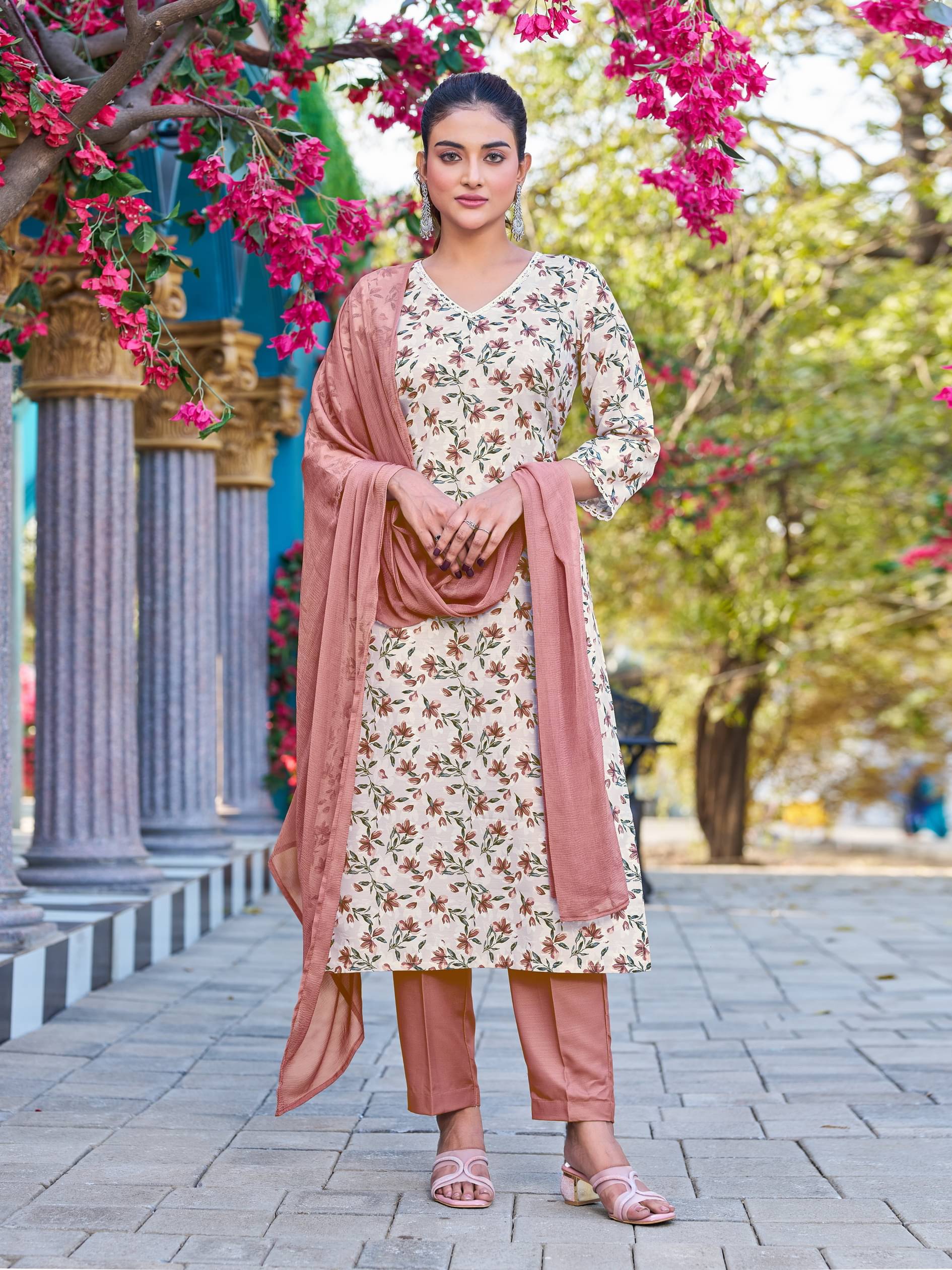 VIBE VISION Viscose Self Design Kurti With Pants Women's Stitched Salwar Suit - Beige ( Pack of 1 )     			VIBE VISION Viscose Self Design Kurti With Pants Women's Stitched Salwar Suit - Beige ( Pack of 1 )