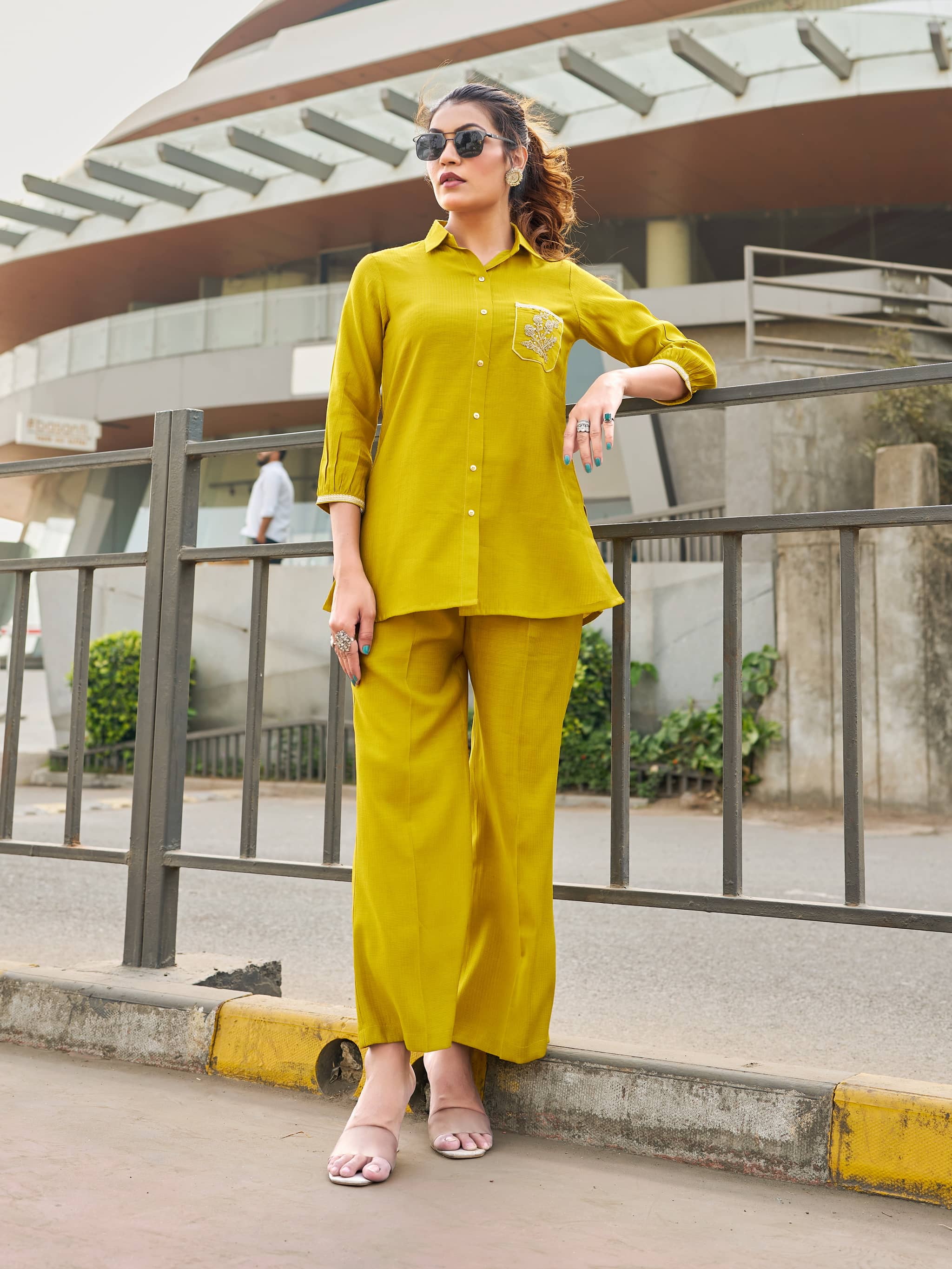 VIBE VISION Women Self Design Shirt With Trousers Co-Ord Set ( Mustard )