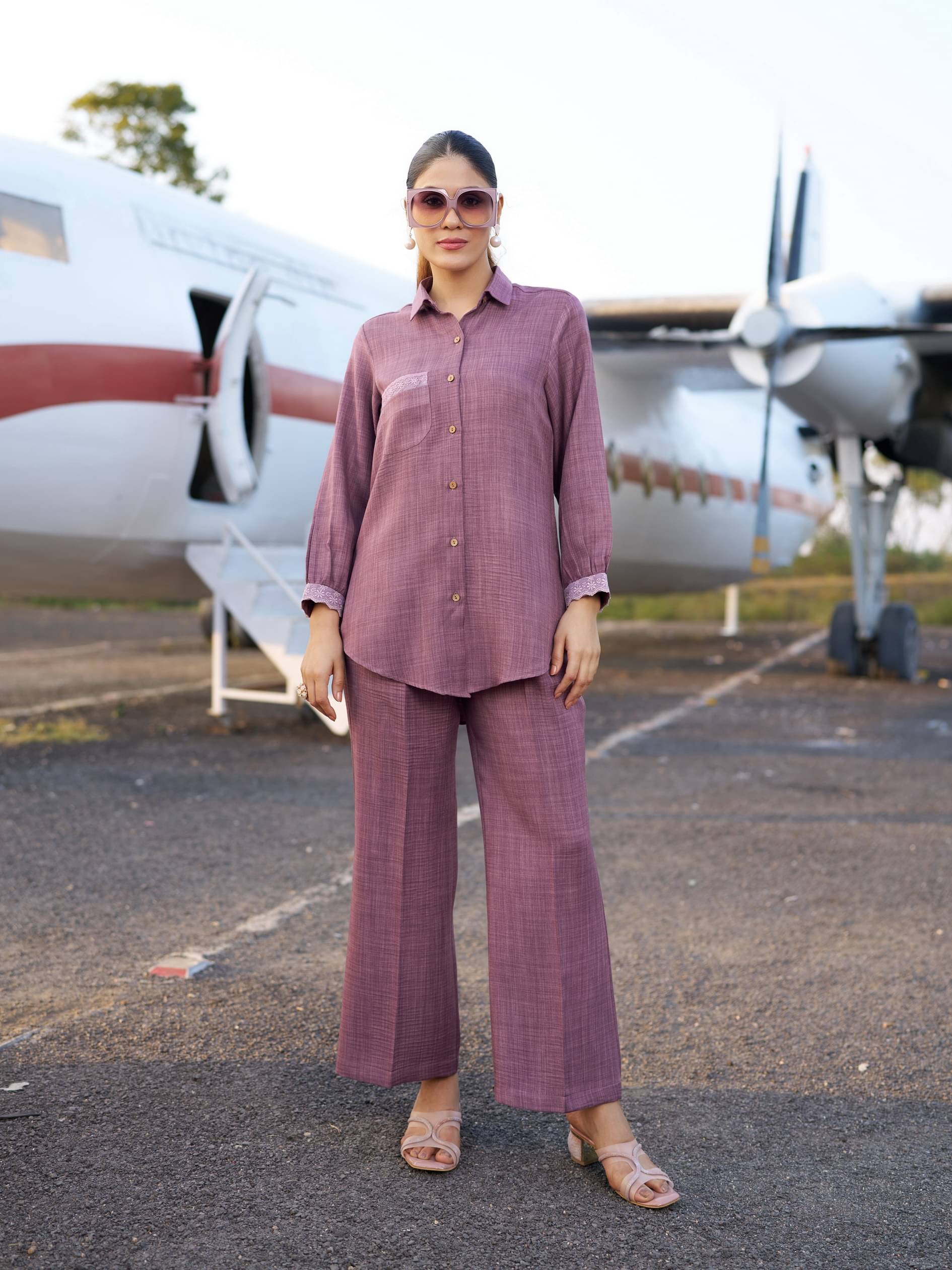     			VIBE VISION Women Self Design Shirt With Trousers Co-Ord Set ( Pink )