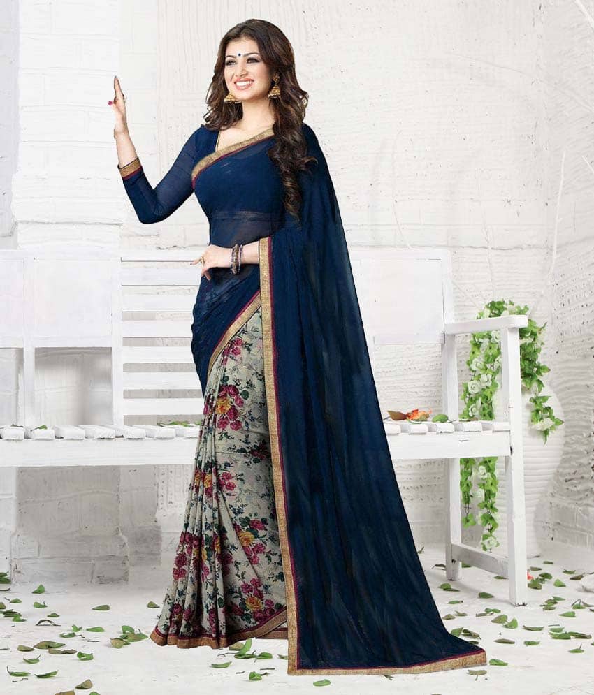 Gazal Fashions Georgette Printed Saree With Unstitched Blouse Piece ( Blue ) - Sarees | Buy online on ZillyBuy