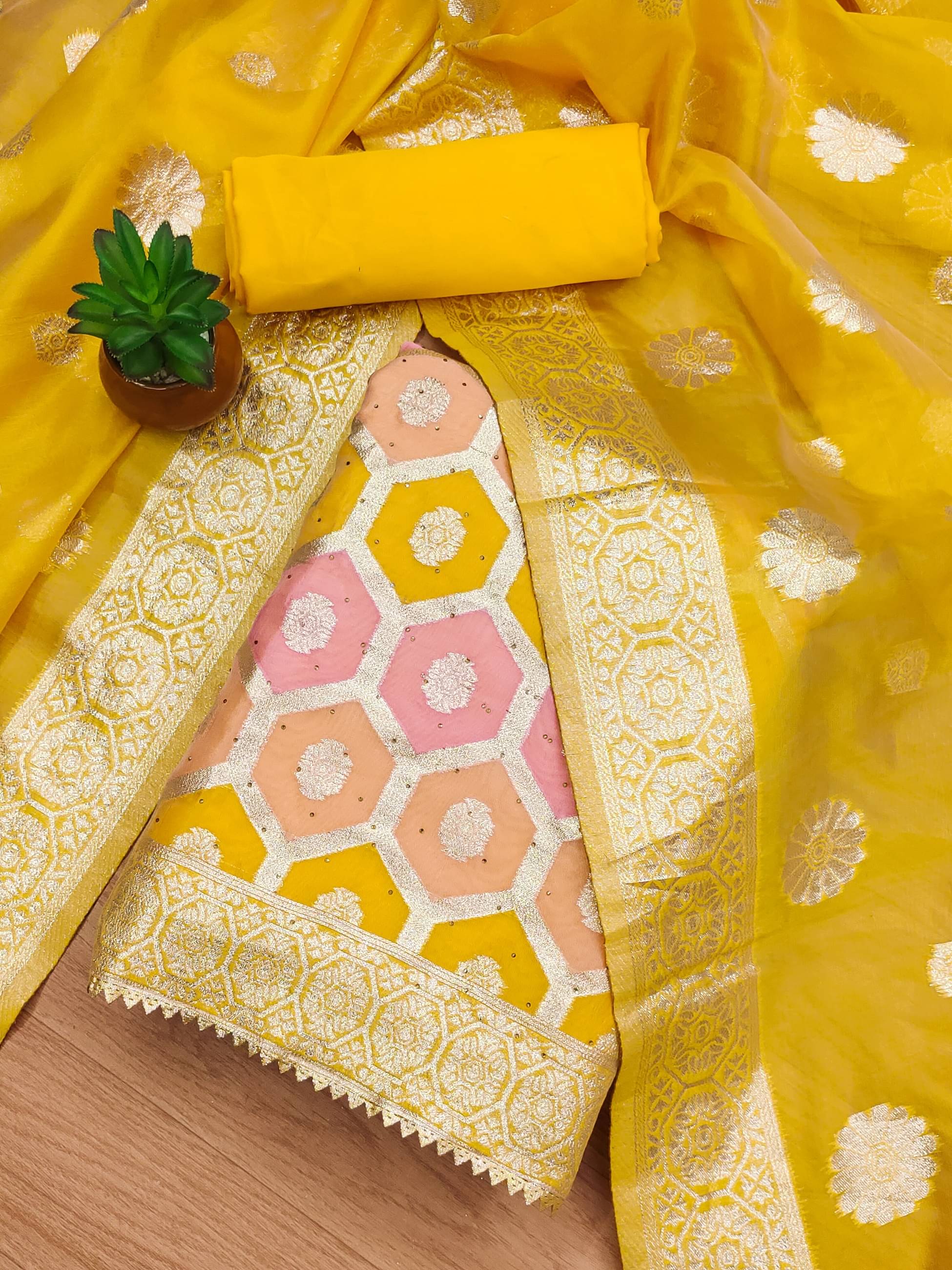 HL SILKMILLS Unstitched Banarasi Embellished Dress Material - Yellow ( Pack of 1 ) HL SILKMILLS Unstitched Banarasi Embellished Dress Material - Yellow ( Pack of 1 )