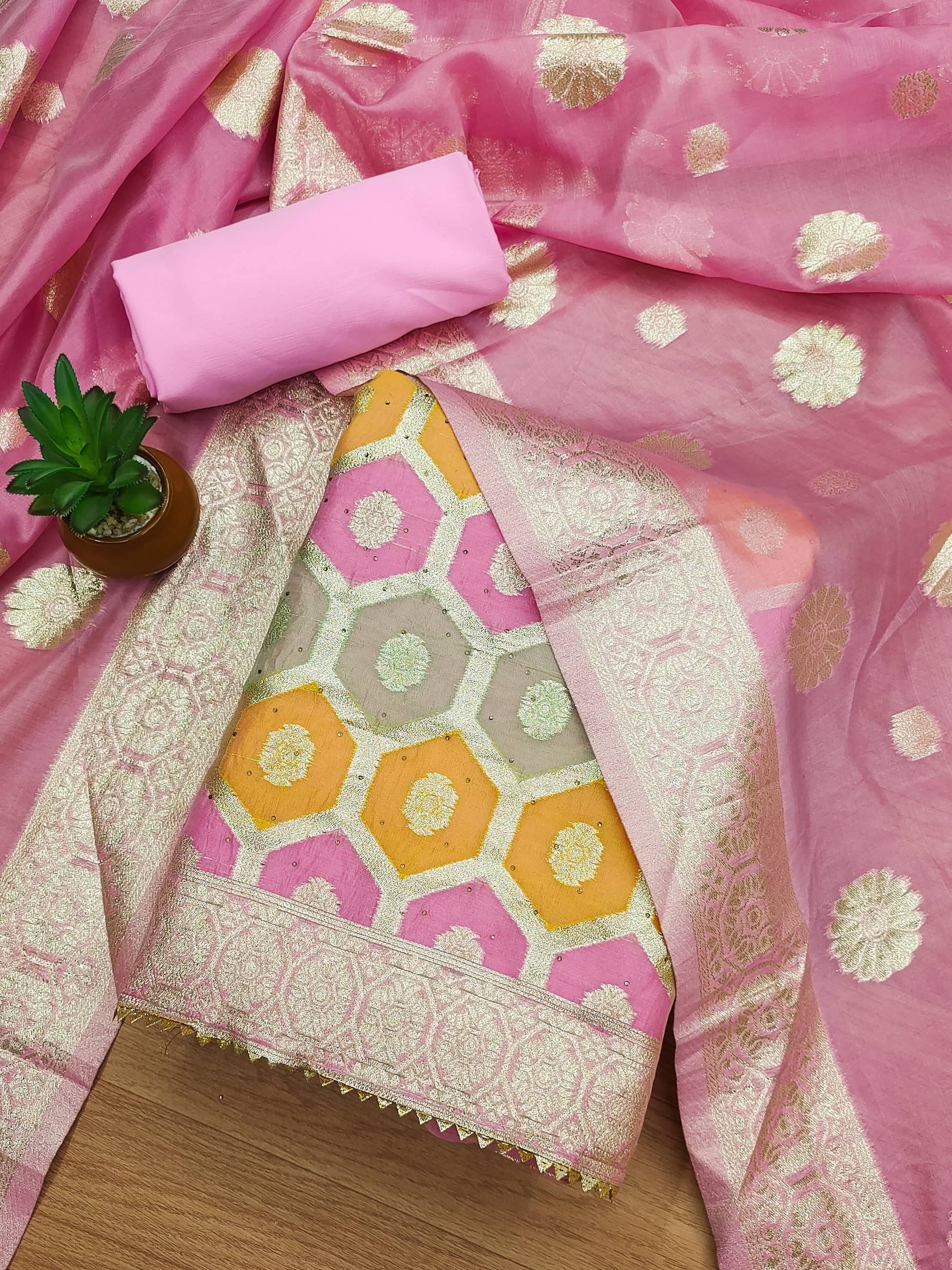 HL SILKMILLS Unstitched Banarasi Embellished Dress Material - Pink ( Pack of 1 )     			HL SILKMILLS Unstitched Banarasi Embellished Dress Material - Pink ( Pack of 1 )