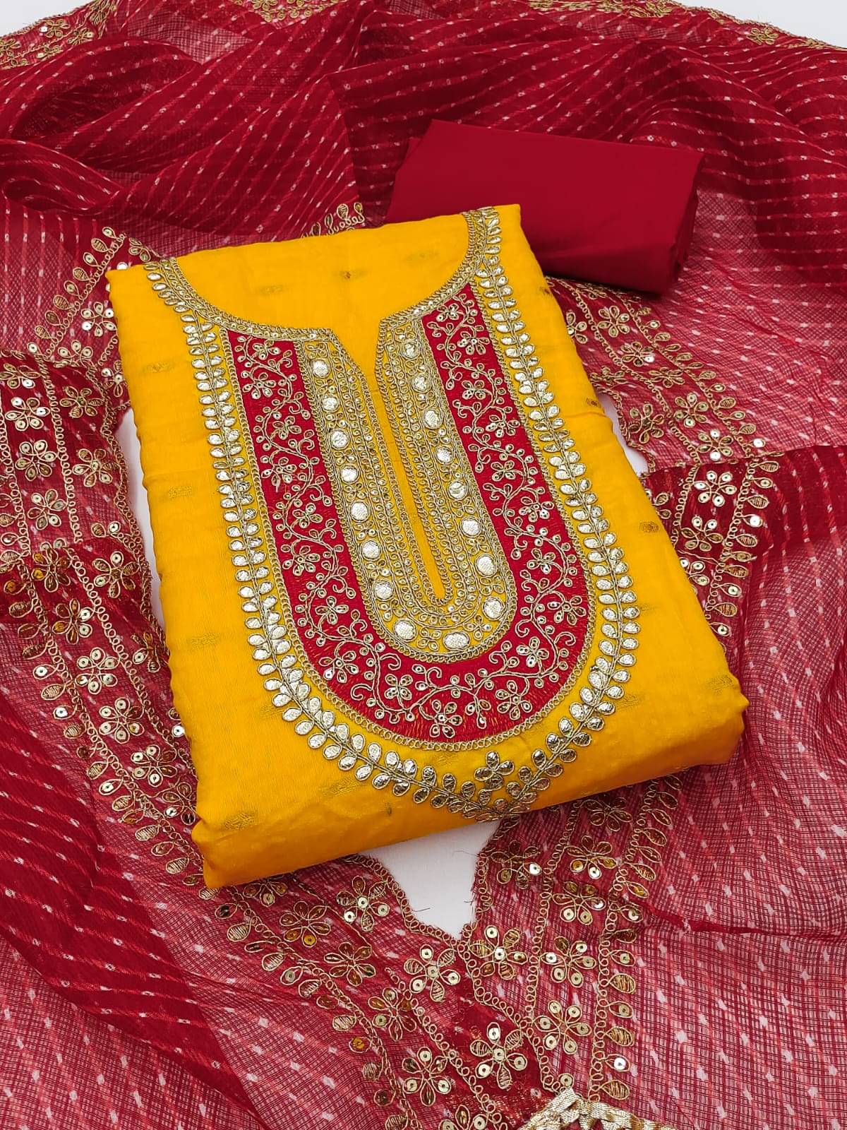 HL SILKMILLS Unstitched Chanderi Embellished Dress Material - Yellow,Red ( Pack of 1 )     			HL SILKMILLS Unstitched Chanderi Embellished Dress Material - Yellow,Red ( Pack of 1 )
