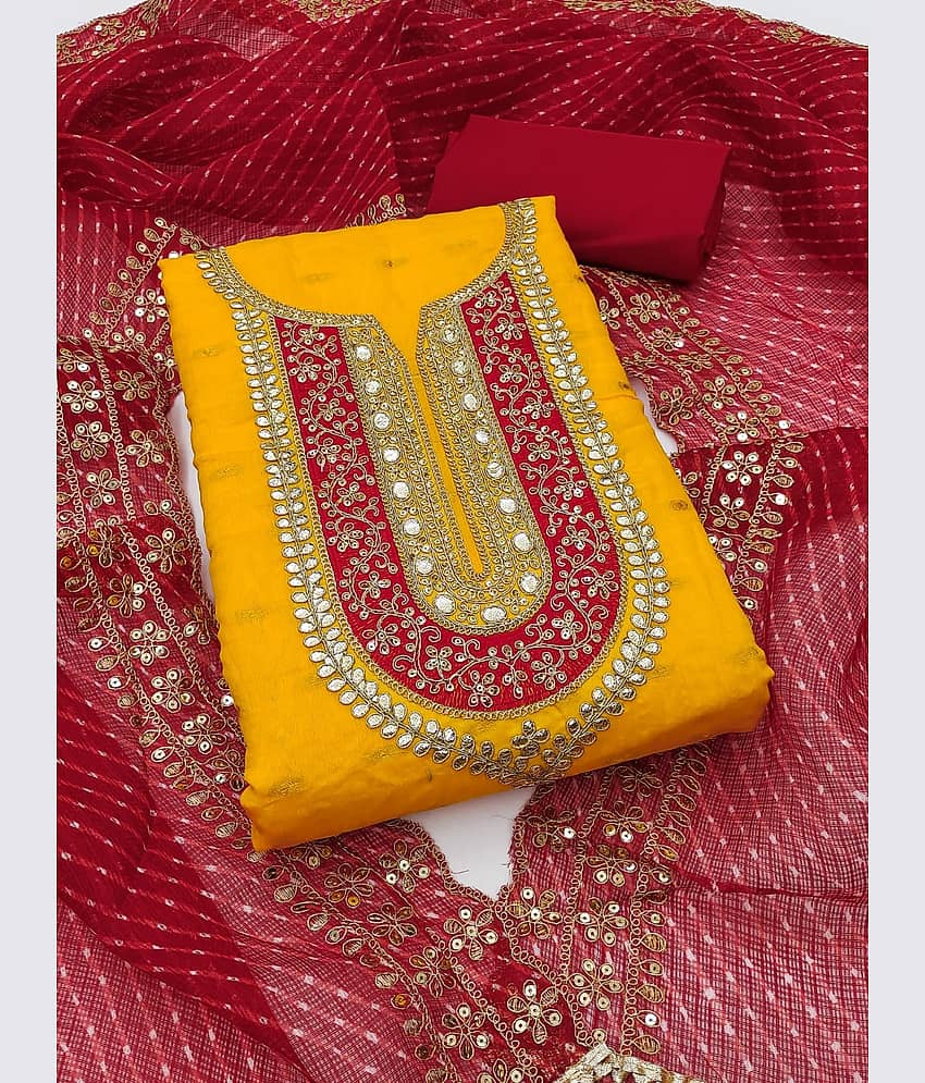 HL SILKMILLS Unstitched Chanderi Embellished Dress Material - Yellow,Red ( Pack of 1 ) - Unstitched Fabrics | Buy online on ZillyBuy