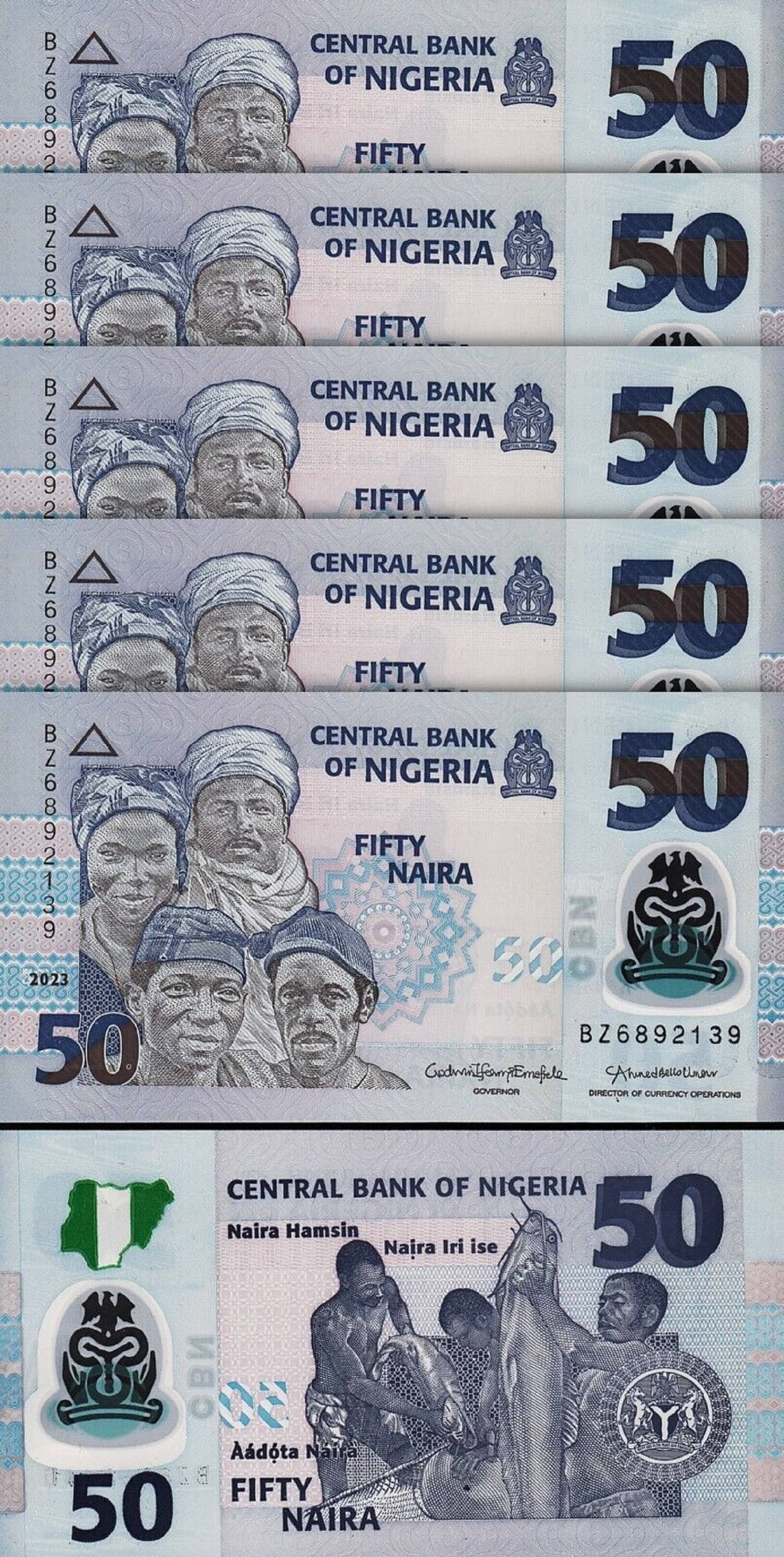Nigeria 50 Niara Lot of 5 Polymer Banknotes in Top Grade Gem UNC Nigeria 50 Niara Lot of 5 Polymer Banknotes in Top Grade Gem UNC