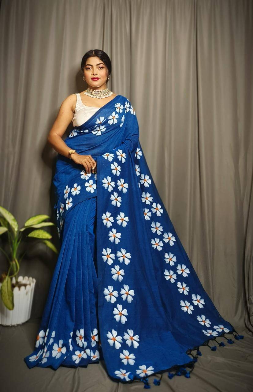     			SARADA HANDLOOM Cotton Printed Saree With Unstitched Blouse Piece ( Blue )