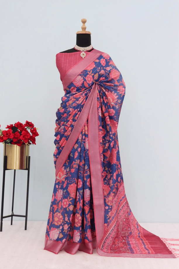     			STAVROZ FASHION Linen Printed Saree With Unstitched Blouse Piece ( Multicolor )