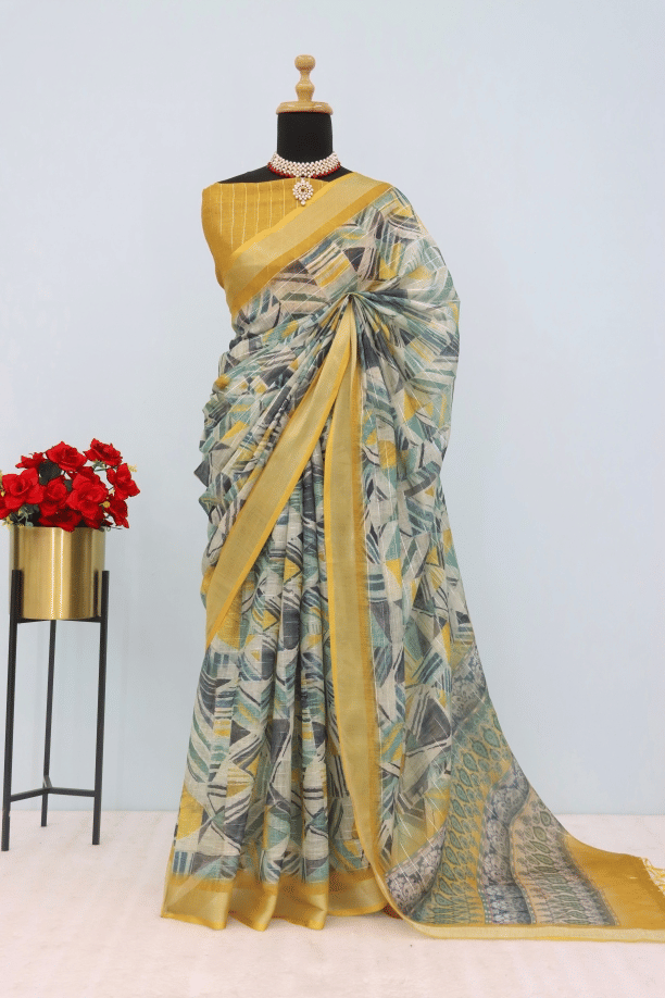 STAVROZ FASHION Linen Printed Saree With Unstitched Blouse Piece ( Multicolor ) STAVROZ FASHION Linen Printed Saree With Unstitched Blouse Piece ( Multicolor )