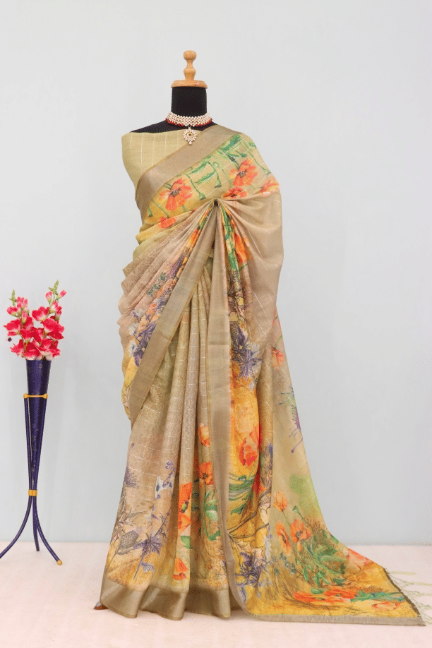     			STAVROZ FASHION Linen Printed Saree With Unstitched Blouse Piece ( Multicolor )