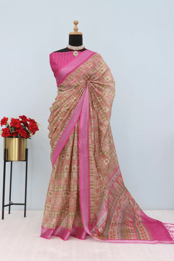 STAVROZ FASHION Linen Printed Saree With Unstitched Blouse Piece ( Multicolor ) STAVROZ FASHION Linen Printed Saree With Unstitched Blouse Piece ( Multicolor )
