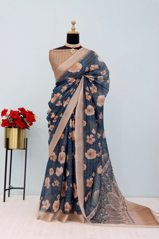     			STAVROZ FASHION Linen Printed Saree With Unstitched Blouse Piece ( Multicolor )