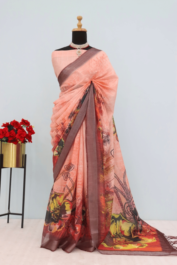     			STAVROZ FASHION Linen Printed Saree With Unstitched Blouse Piece ( Multicolor )