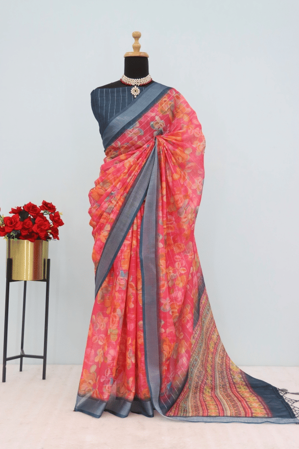     			STAVROZ FASHION Linen Printed Saree With Unstitched Blouse Piece ( Multicolor )