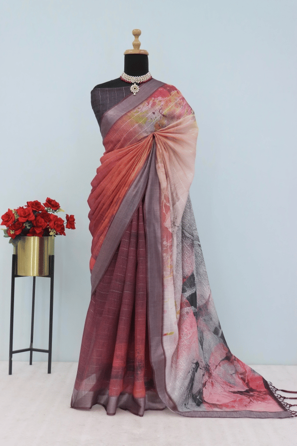 STAVROZ FASHION Linen Printed Saree With Unstitched Blouse Piece ( Multicolor ) STAVROZ FASHION Linen Printed Saree With Unstitched Blouse Piece ( Multicolor )