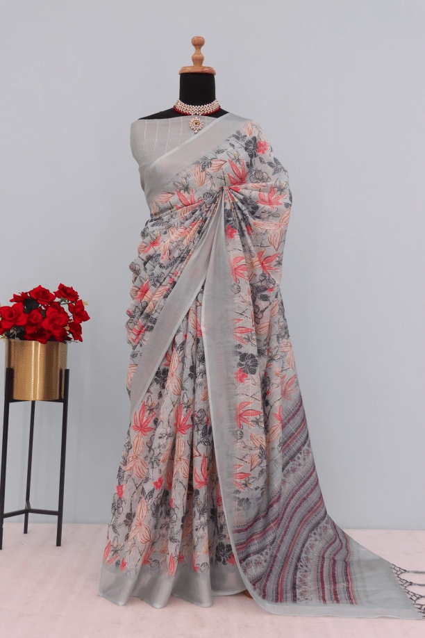     			STAVROZ FASHION Linen Printed Saree With Unstitched Blouse Piece ( Multicolor )