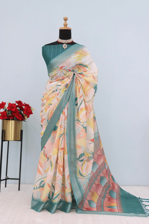     			STAVROZ FASHION Linen Printed Saree With Unstitched Blouse Piece ( Multicolor )