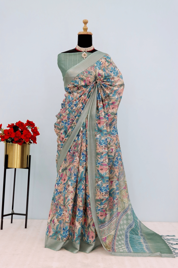     			STAVROZ FASHION Linen Printed Saree With Unstitched Blouse Piece ( Multicolor )