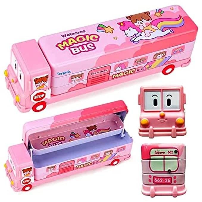     			ECLET Bus Pencil Geometry Box Stationery Moving Tyres & Sharpener School RANDOM DESIGN Bus Truck Art Metal Pencil Box  (Set of 1, Pink, Multicolor, Purple)
