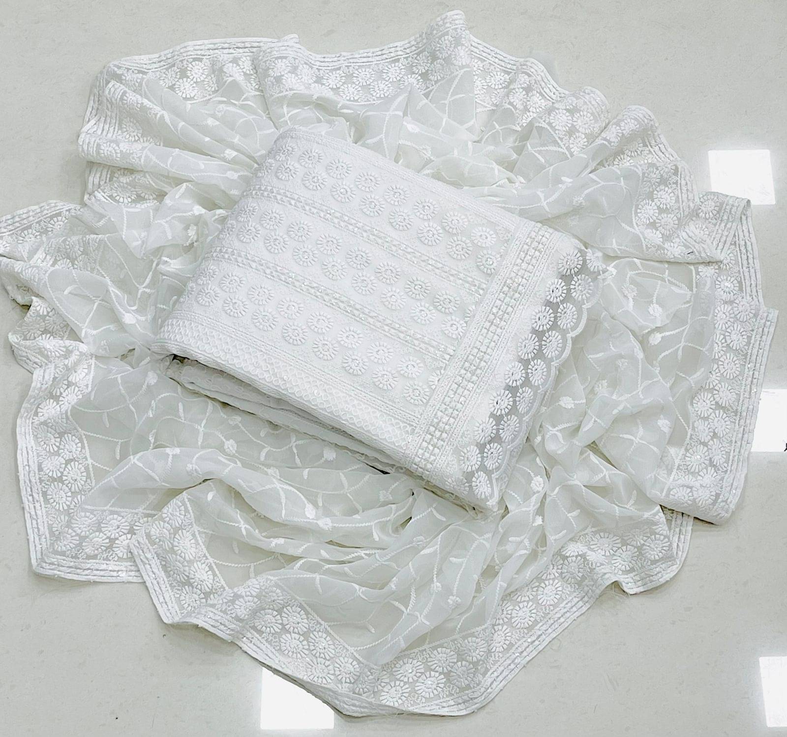     			HL SILKMILLS Unstitched Georgette Embroidered Dress Material - White ( Pack of 1 )