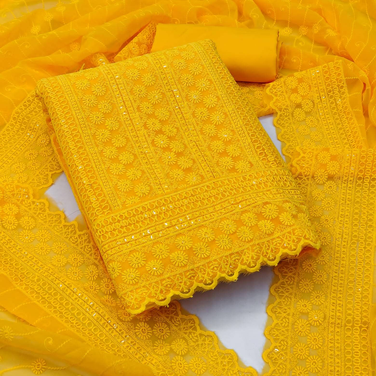     			HL SILKMILLS Unstitched Georgette Embroidered Dress Material - Yellow ( Pack of 1 )