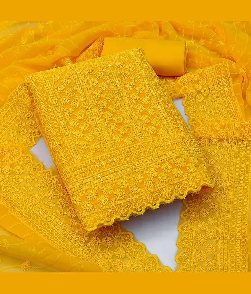 HL SILKMILLS Unstitched Georgette Embroidered Dress Material - Yellow ( Pack of 1 ) - Unstitched Fabrics | Buy online on ZillyBuy