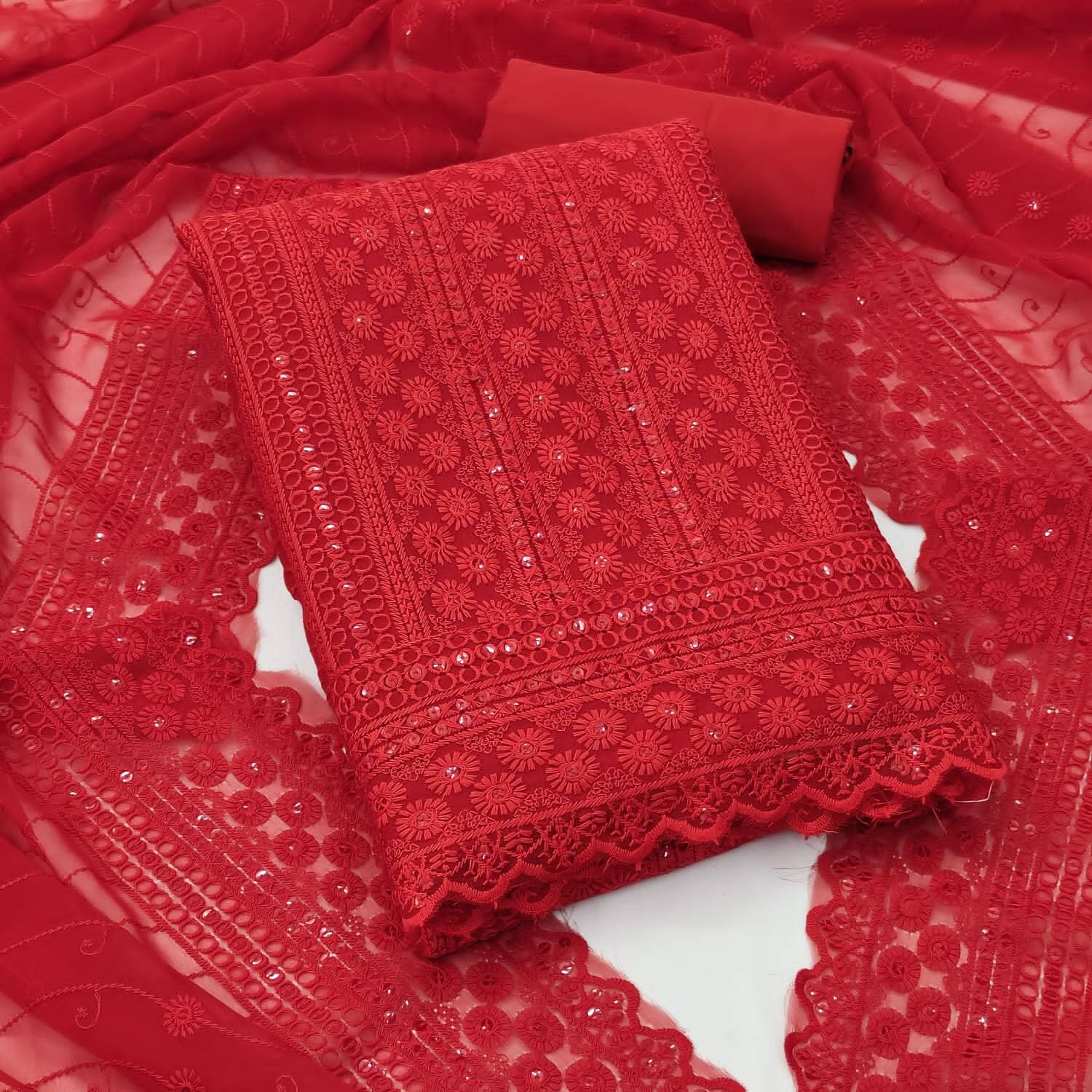     			HL SILKMILLS Unstitched Georgette Embroidered Dress Material - Red ( Pack of 1 )