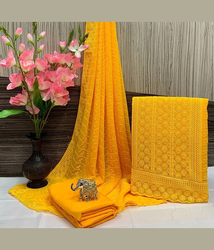 HL SILKMILLS Unstitched Georgette Embroidered Dress Material - Yellow ( Pack of 1 ) - Unstitched Fabrics | Buy online on ZillyBuy