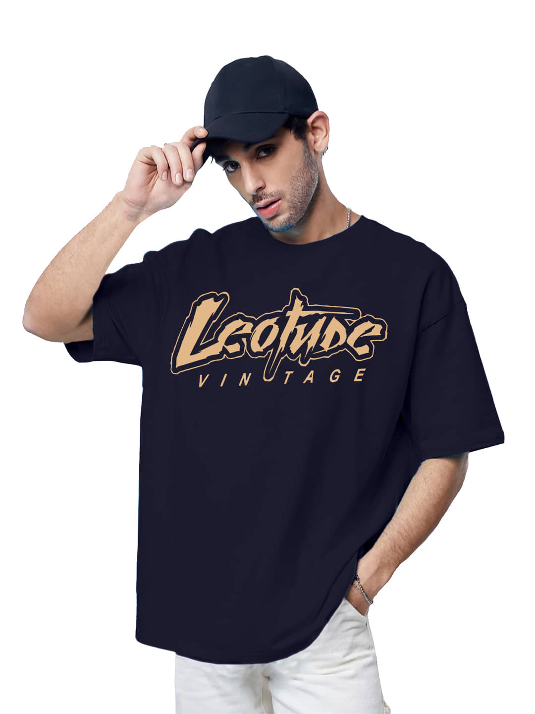 Leotude Cotton Blend Oversized Fit Printed Half Sleeves Men's Round T-Shirt - Navy ( Pack of 1 )