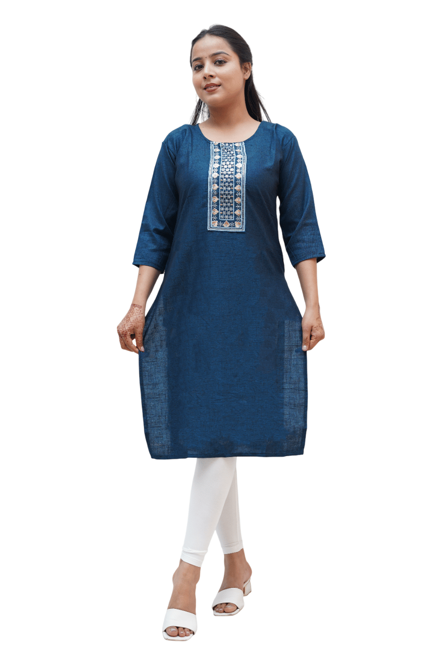 PickALook Pack of 1 Rayon Embellished Straight Women's Kurti - ( Dark Blue )     			PickALook Pack of 1 Rayon Embellished Straight Women's Kurti - ( Dark Blue )