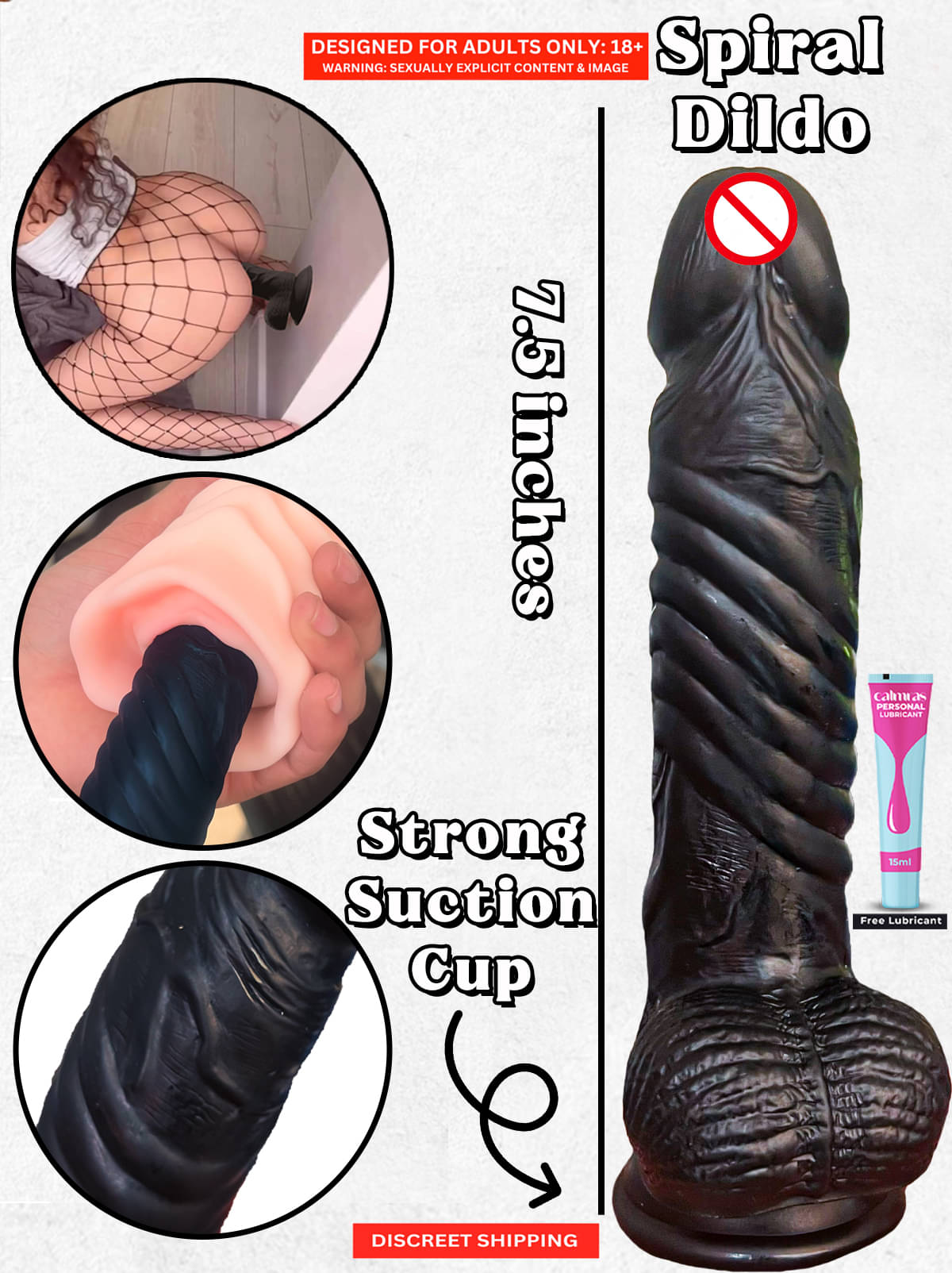     			Premium 7 Inch Black Realistic Dildo with Strong Suction Cup HandsFree Spiral Soft Silicone Sex Toy for Women with Free Lube - Naughty Nights